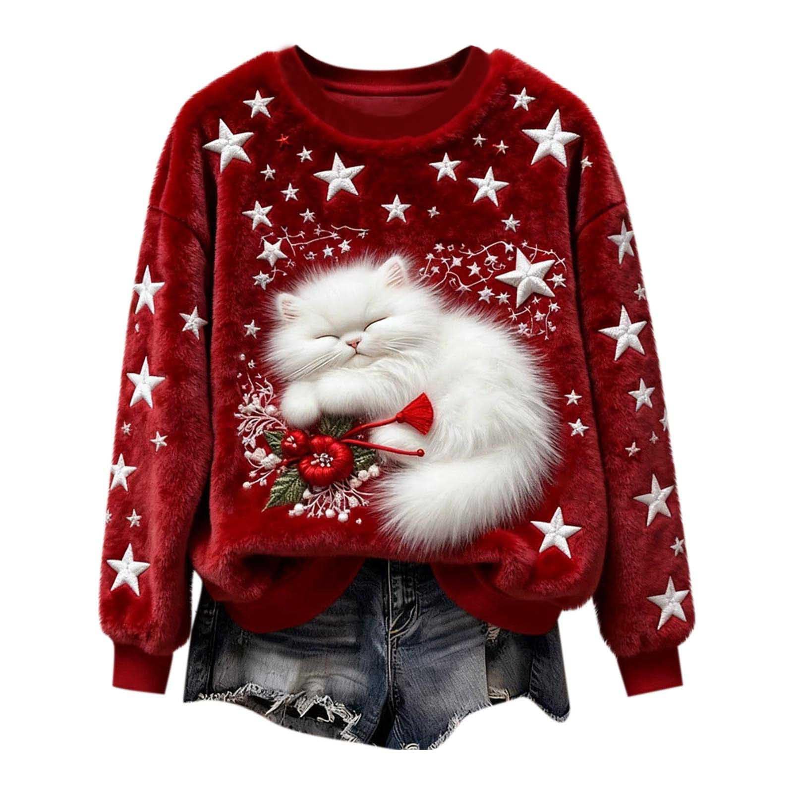 Ugly Christmas Sweaters for Women Plus Size Oversized Santa Graphic Sweatshirts Sherpa Fleece Xmas Shirts Clothes