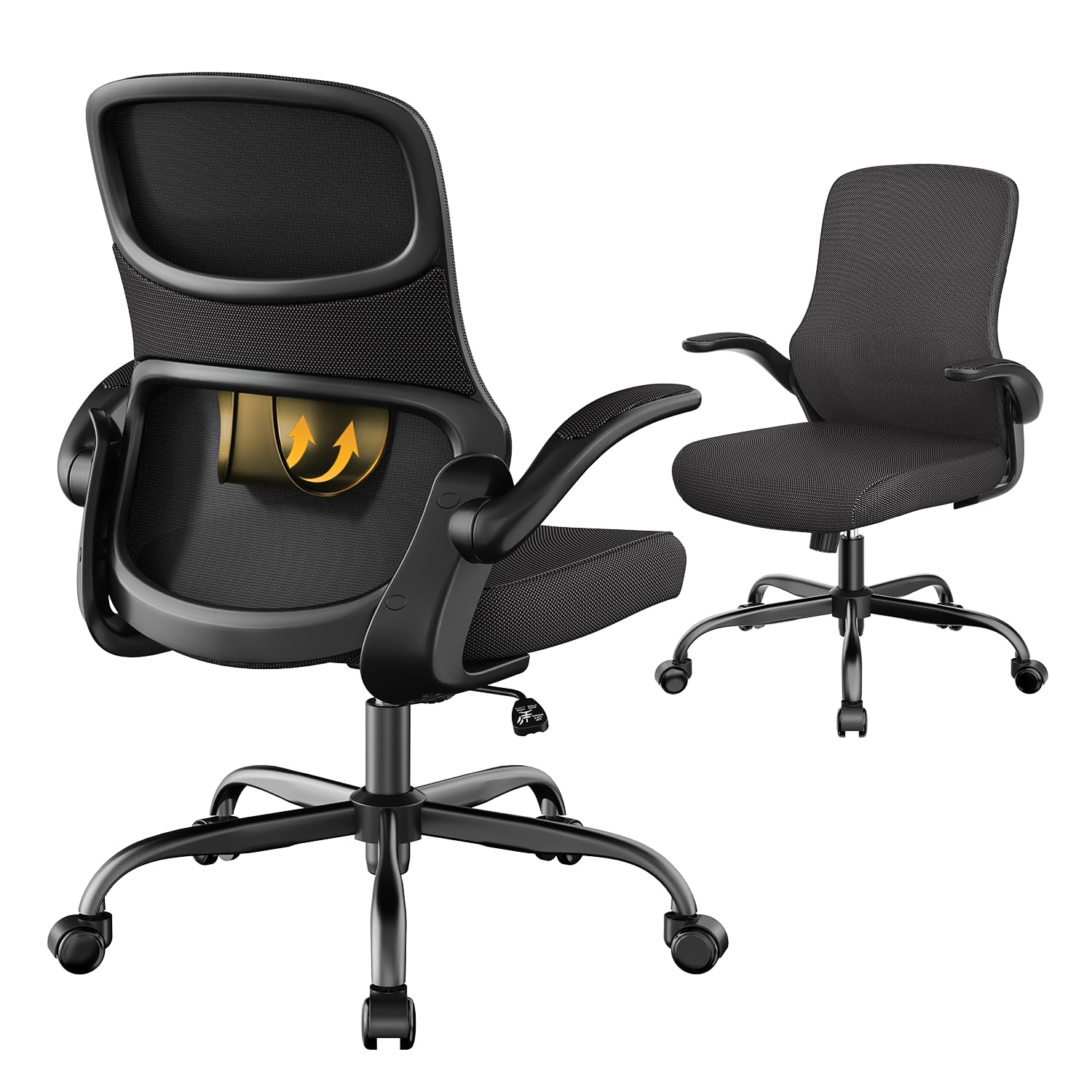 Deroavixe Office Chair, Mesh Ergonomic Desk Chairs, Comfy Computer Gaming Chair with Adjustable Height & Flip-up Armrest, Lumbar Support & Swivel Function for Home Office (Black)