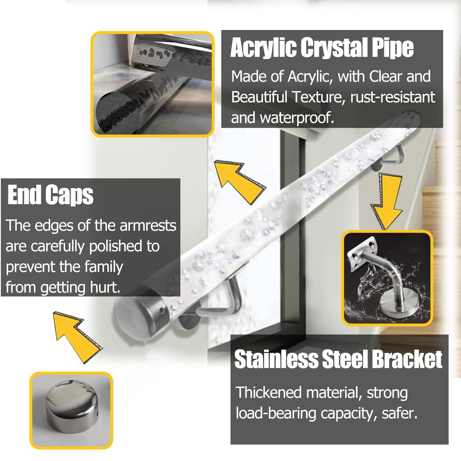 C Acrilico Rod for ains - 4,3 m trasparente interno/esterno ain Rod con montaggio a parete argento staffe per gradini e arredamento, perfetto per uso domestico e ufficio