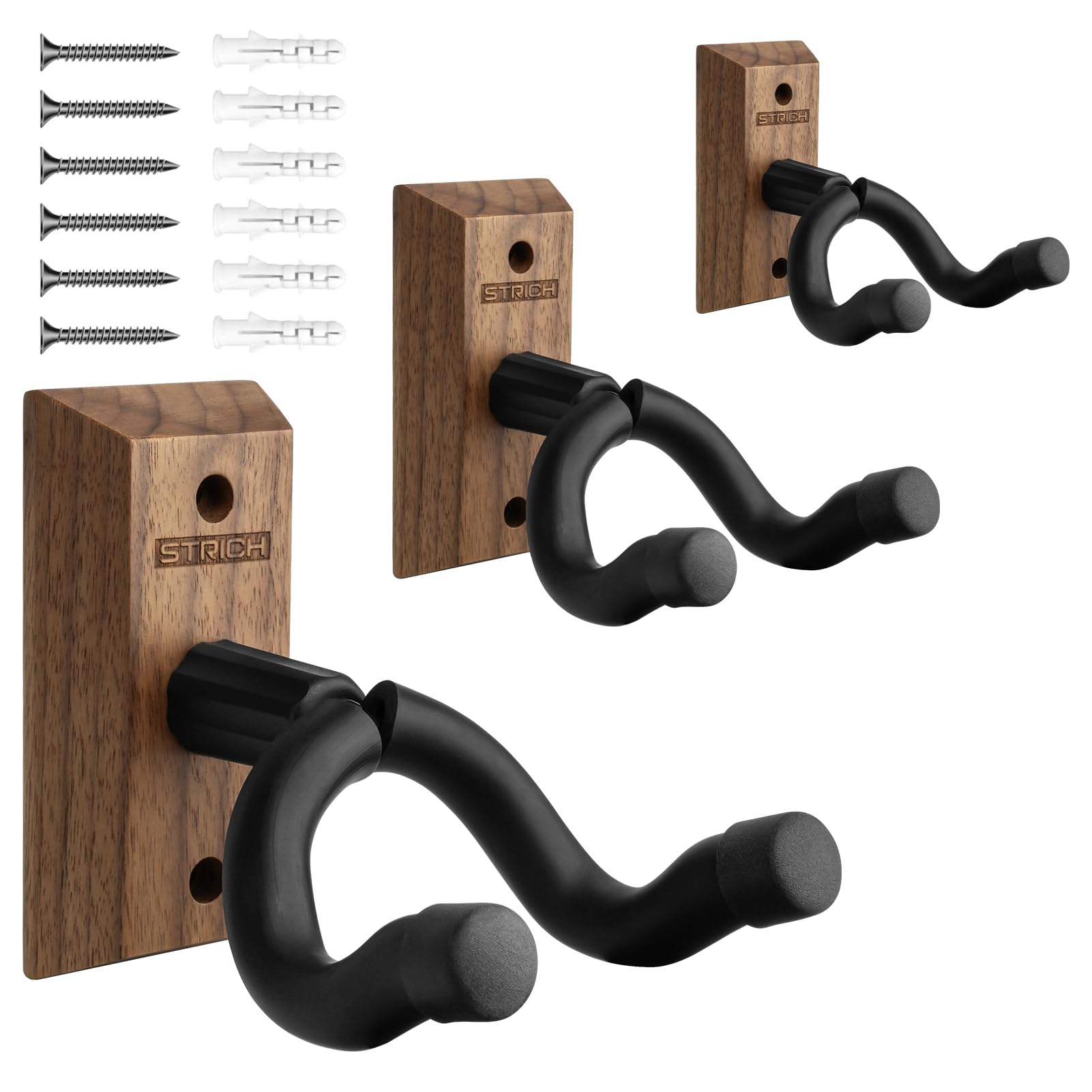 STRICH - Supporto da parete per chitarra, in legno di noce nero, gancio a U per chitarra acustica ed elettrica, basso, ukulele, violino, mandolino, banjo (confezione da 3)