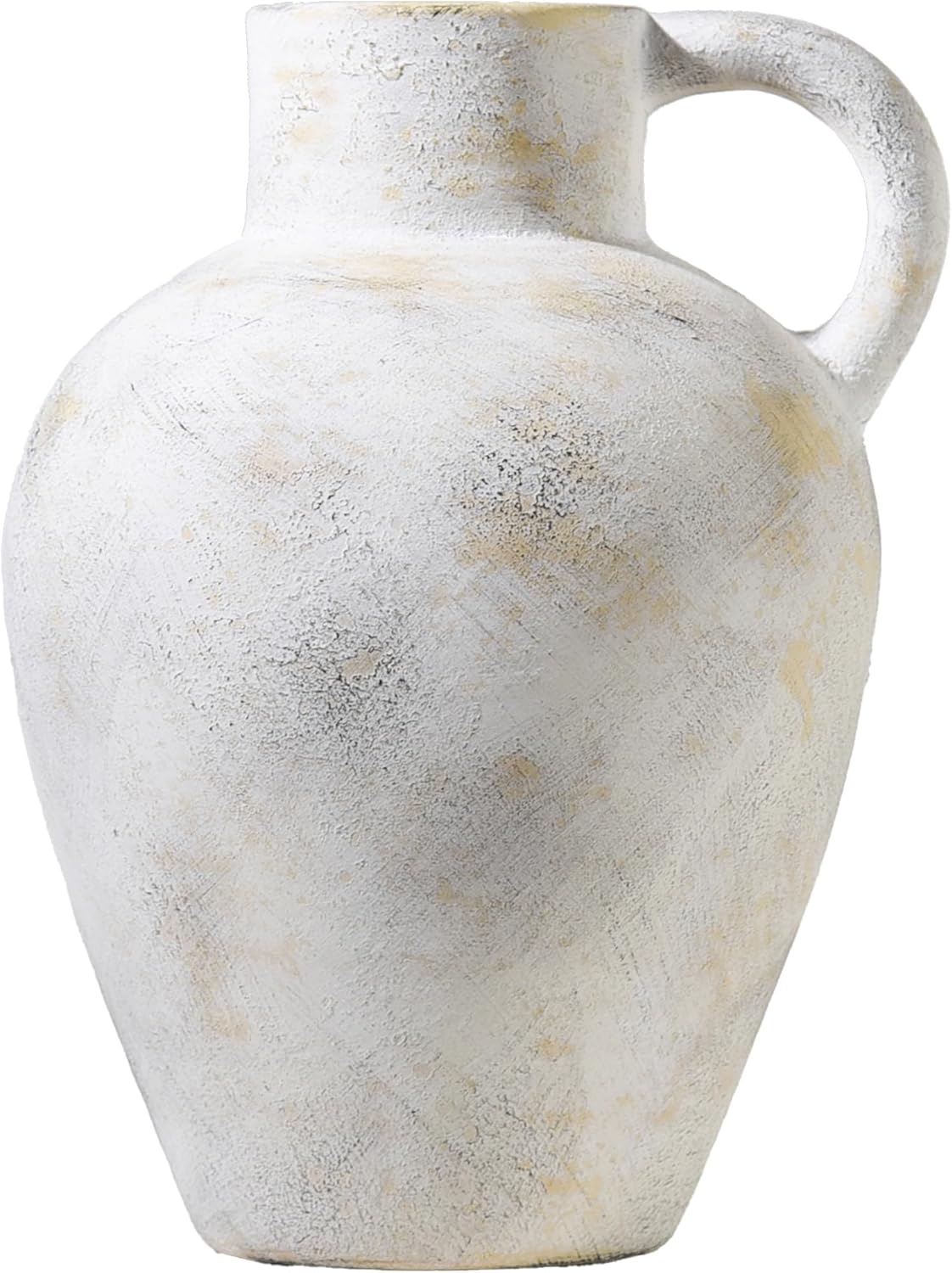 KensTro 9-Inch Rustic Farmhouse Ceramic Vase with Handle - Beige Yellow Glazed Boho Pottery Jar, Distressed Black Texture for Mantel Decor