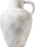 KensTro 9-Inch Rustic Farmhouse Ceramic Vase with Handle - Beige Yellow Glazed Boho Pottery Jar, Distressed Black Texture for Mantel Decor