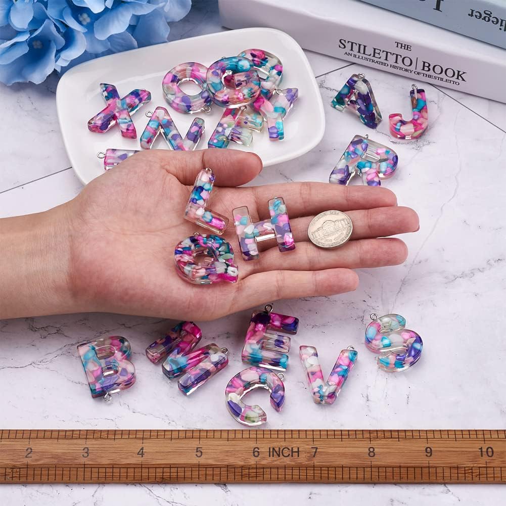 Beadthoven 26pcs Purple Letter Alphabet Resin Charm DIY Keychain Pendants Full A-Z Resin Dangle Charm Beads with Loop for DIY Necklace Earring Jewelry Making Keyring Accessories