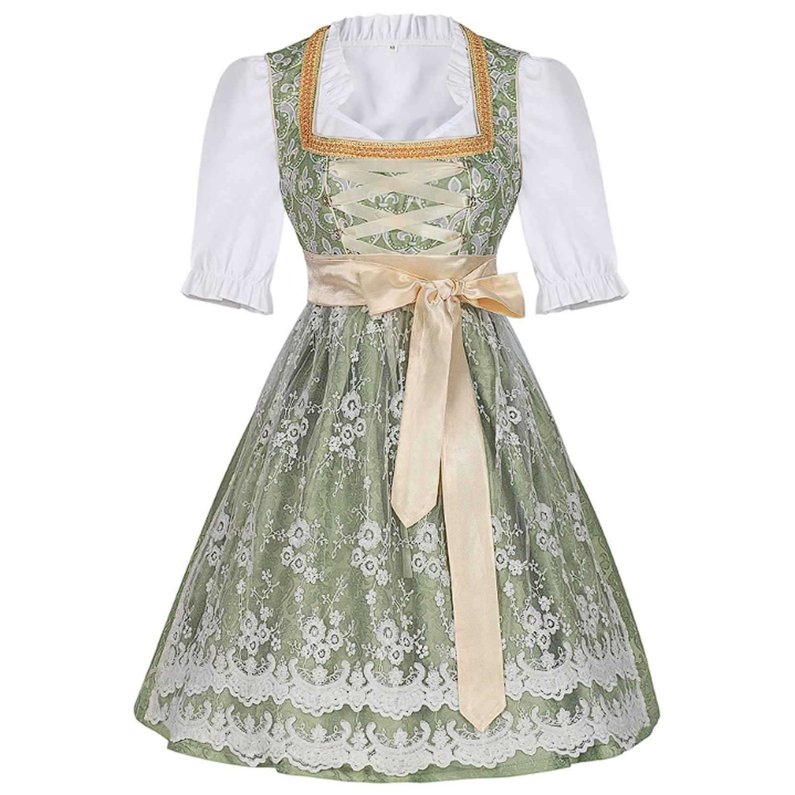Elegante Giacca da Birra in Poliestere, Abito da Cameriera, Abito da Lavoro da Bar Verde e Beige con Grembiule in Rete Ricamato, Cerniera Laterale