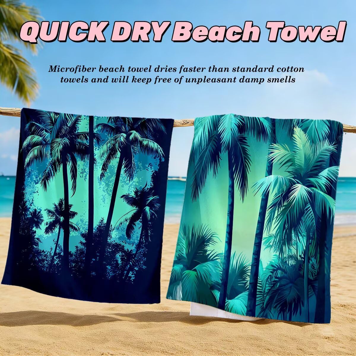 Serviette de Plage XXL 90x200 cm, Lot de 2 Serviette de Bain Microfibre, Anti Sable Serviettes Plage, Séchage Rapide Drap de Bain pour Homme Femme, Portable Fine Serviettes pour Fitness (Arbre) -3869