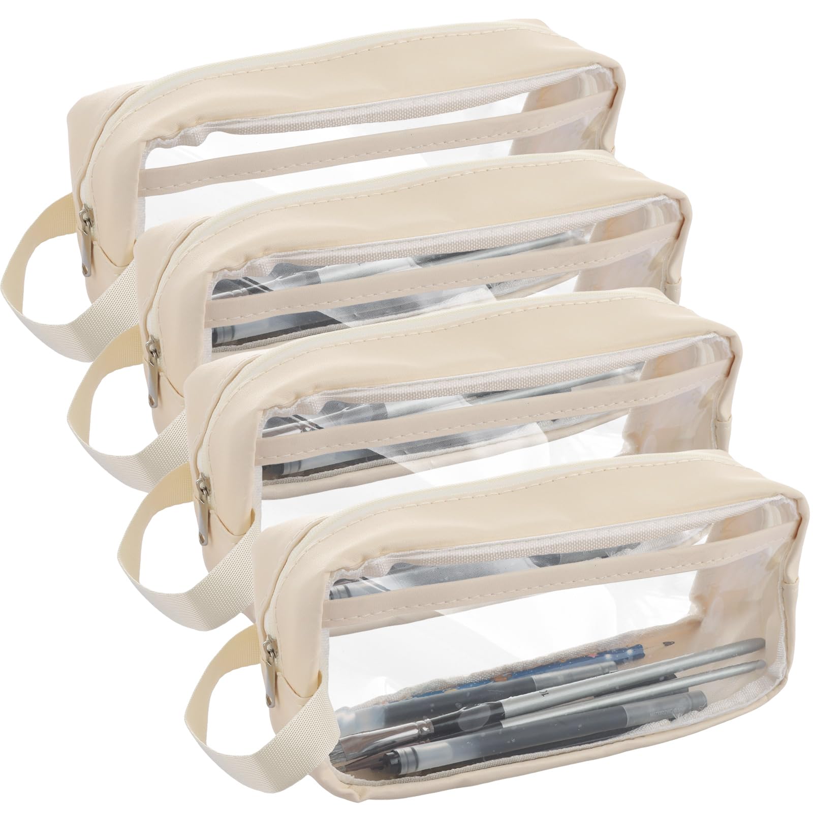 ASelected 4 Pack Clear Pencil Cases, 22x7x9cm Clear Exam Pencil Case, Waterproof PVC Transparent Storage Pouch Bags,Portable Stationery Bags for Stationery,Makeup,Travel,Office Supplies,Cream White