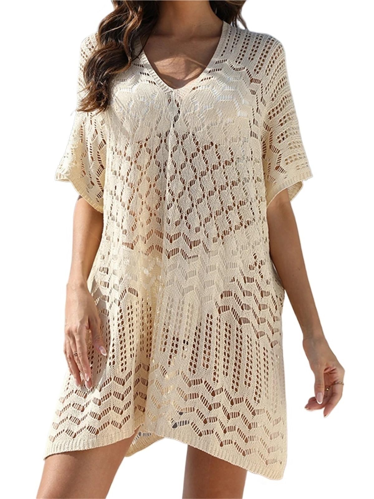 Maglia all'Uncinetto Lunga da Spiaggia da Donna, Tinta Unita, a Maniche Lunghe, Traforata, Sexy, da Spiaggia per Vacanze, Piscina