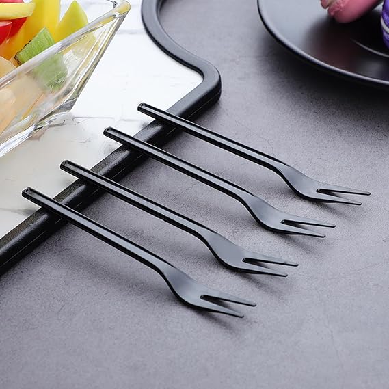 Disposable Plastic Fruit Forks, Exquisite Appetizer Fork Dessert Cocktail Tasting Forks Tiny Utensils for Fruit Dessert Cakes Party Serving Supplies,4.2 Inches, Black, 200 branches