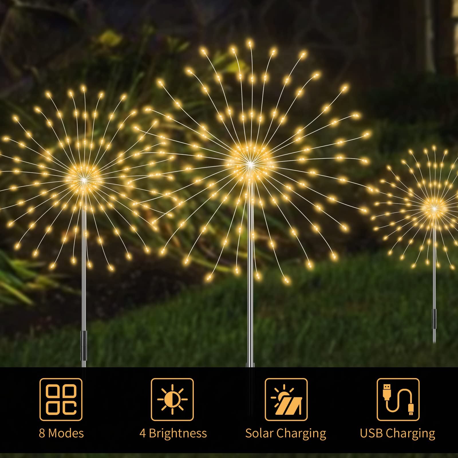 Aourow Zewnętrzne oświetlenie solarne do ogrodu, 8 sztuk świateł Starburst z 8 trybami i 4 poziomami jasności, wodoodporna lampa LED IP65, do dekoracji, tarasu, balkonu, ogrodu (ciepła biel)
