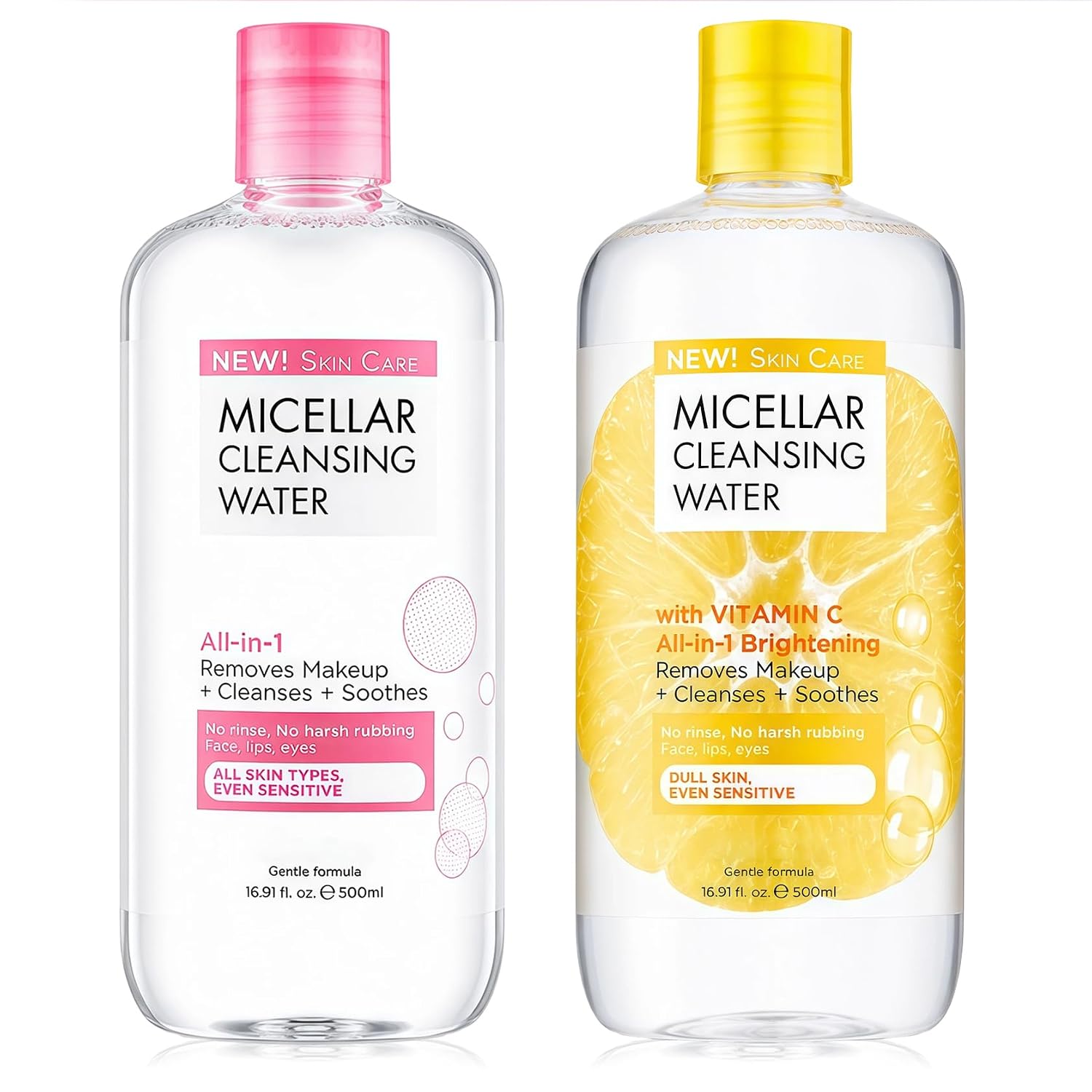 Micellar Water 500ml 2 Pack–Makeup Remover&Micellar Cleansing Water,Gentle Make Up Remover Liquid for Face,Lips&Eyes,Soothing Facial Cleanser for All Skin Types