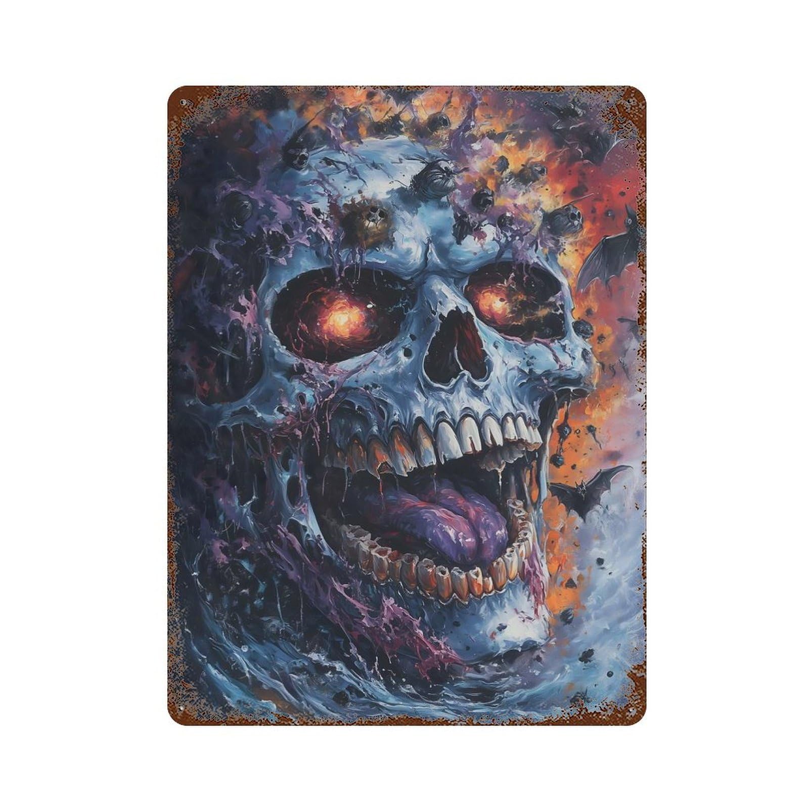 Distressed Metal Wall Sign Glowing Skull with Bats 15.7"x11.8", Vintage Wall Decor for Garage, Bar And Workshop Decor