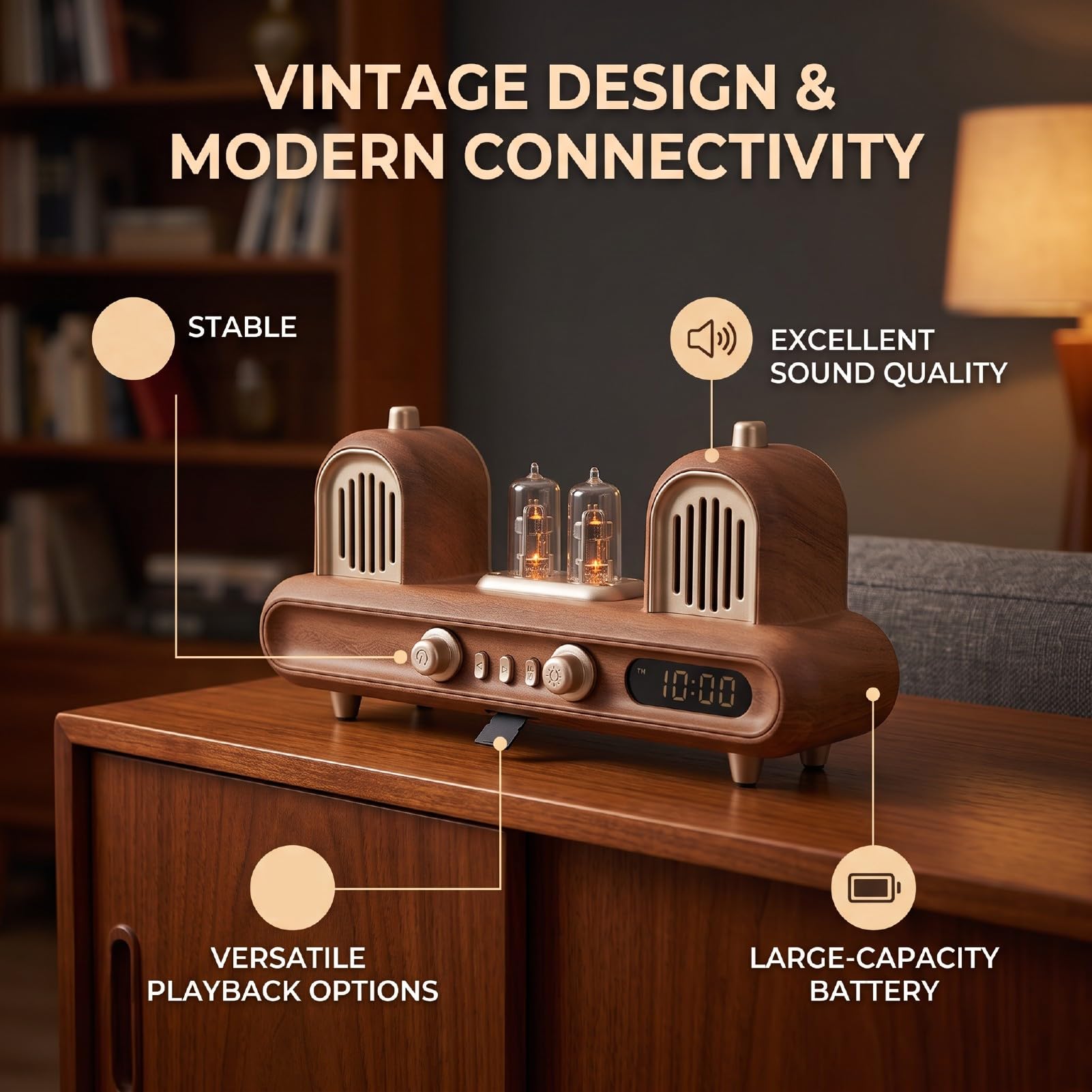 Haut-Parleur Bluetooth Rétro avec Horloge, Lumière Ambiante