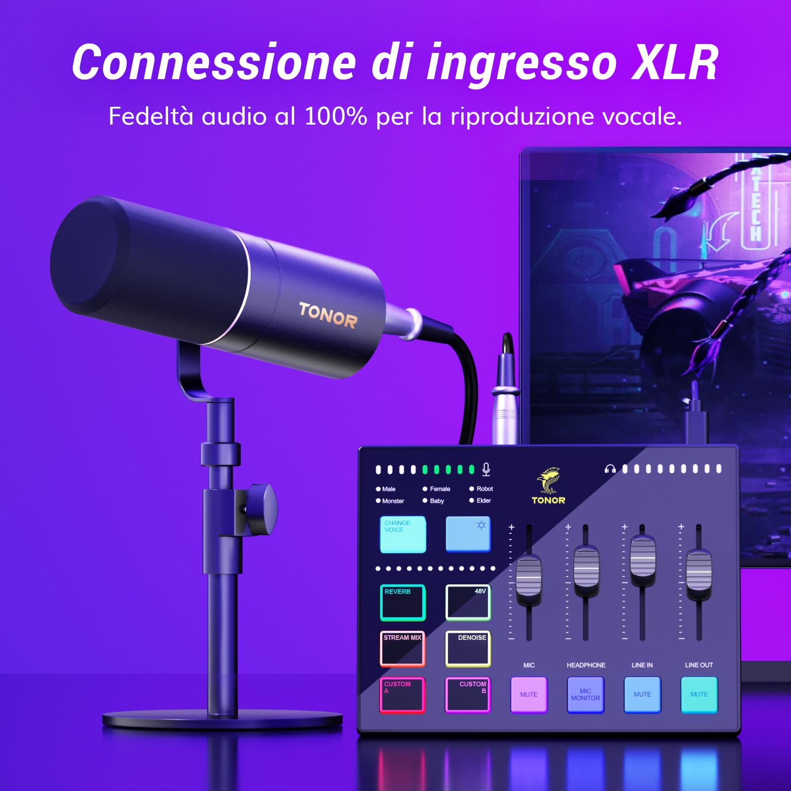 TONOR Gaming Mixer Audio PC, Mixer RGB con Canale XLR e 6,35 mm per Streaming, Podcast, Registrazione, Interfaccia Audio per TikTok, Youtube, Twitch, Controllo del Volume Individuale, Pulsante Mute