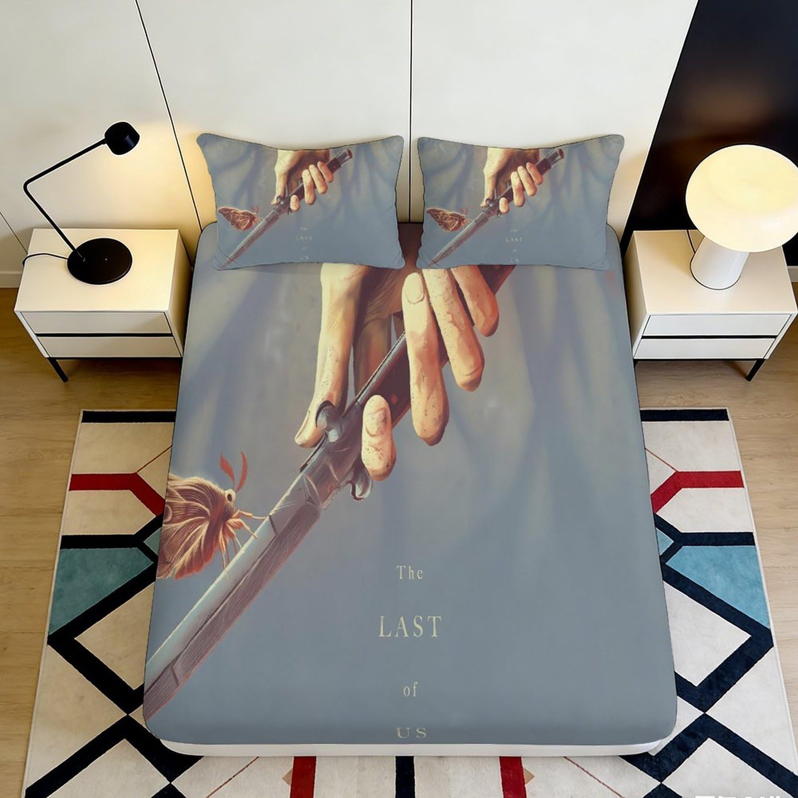 3D Printed Hand with Rifle Fitted Sheet Microfiber Moth Pattern Bed Cover for Bedroom Dorm Guest Room Decor 90x200x25cm