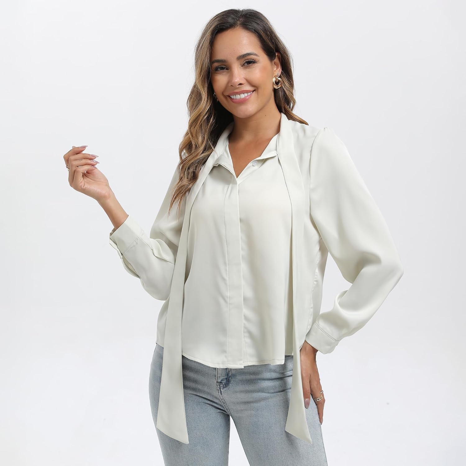 Womens Cream Satin Bow Tie Neck Button Down Shirt Long Sleeve Top Dressy Business Casual Blouse - Image 7