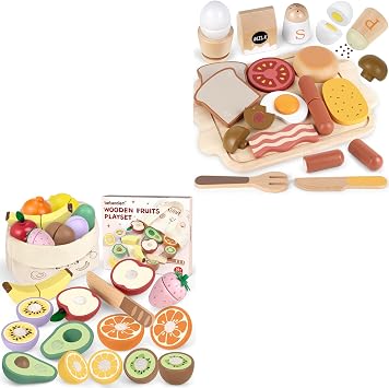 Wooden Toy Food for Toddler 3-5 Breakfast Playset and Wooden Play Cutting Fruits Toy Food