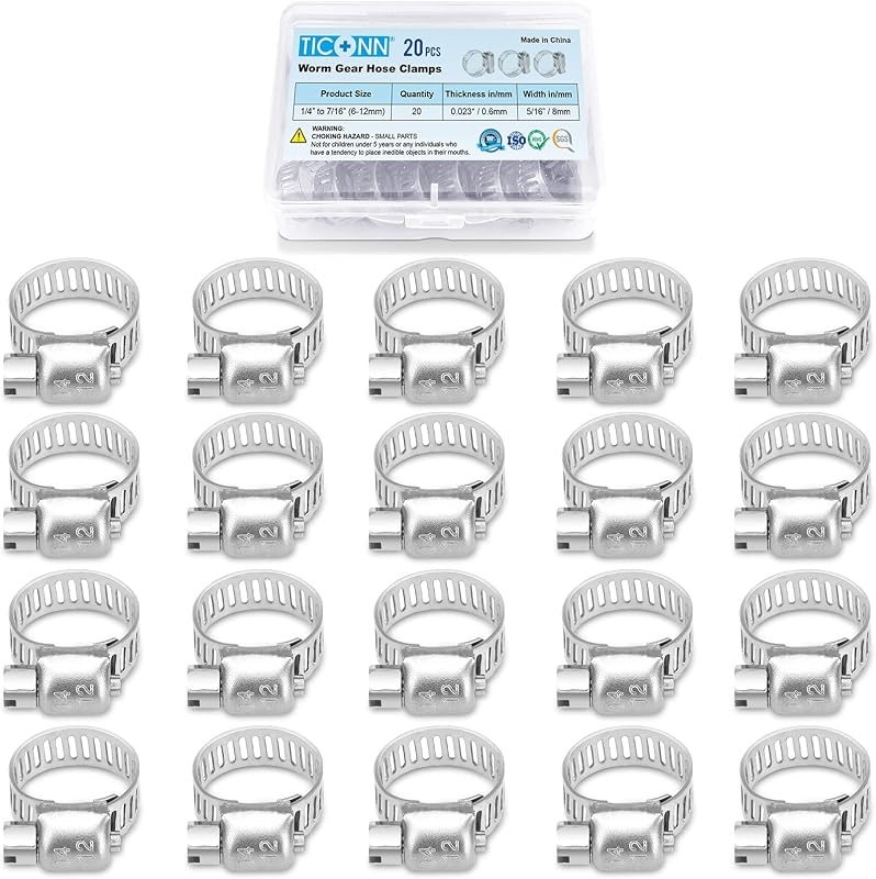 TICONN 20PCS Hose Clamp Set - 1/4''–7/16'' 304 Stainless Steel Worm Gear Hose Clamps for Pipe, Intercooler, Plumbing, Tube and Fuel Line