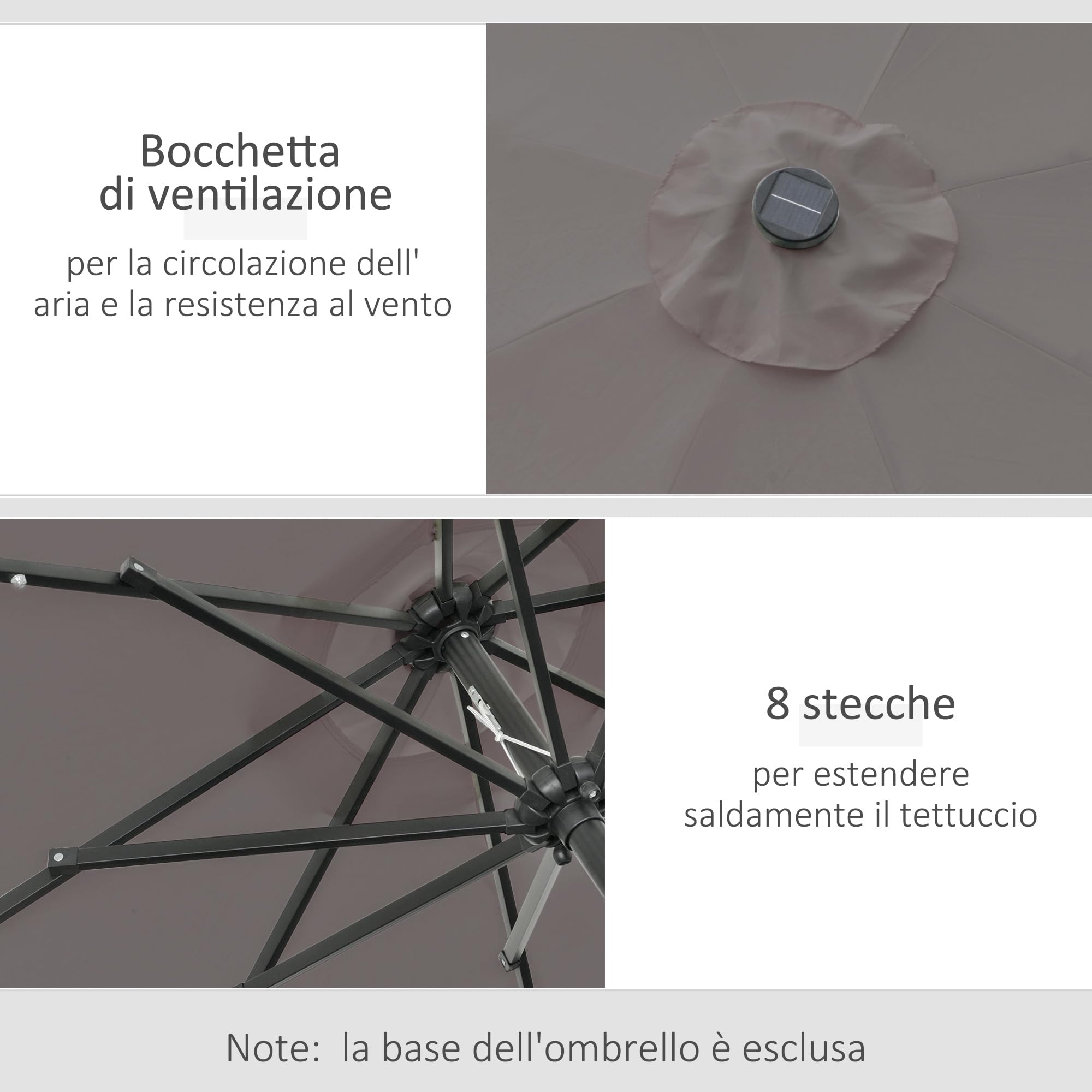 Outsunny Ombrellone da Giardino Inclinabile Ø265 cm con Manovella Grigio | 32 Luci LED Solari, Ombrellone da Esterno a 8 Stecche, Acciaio, Poliestere, Patio Cortile Balcone Terrazza