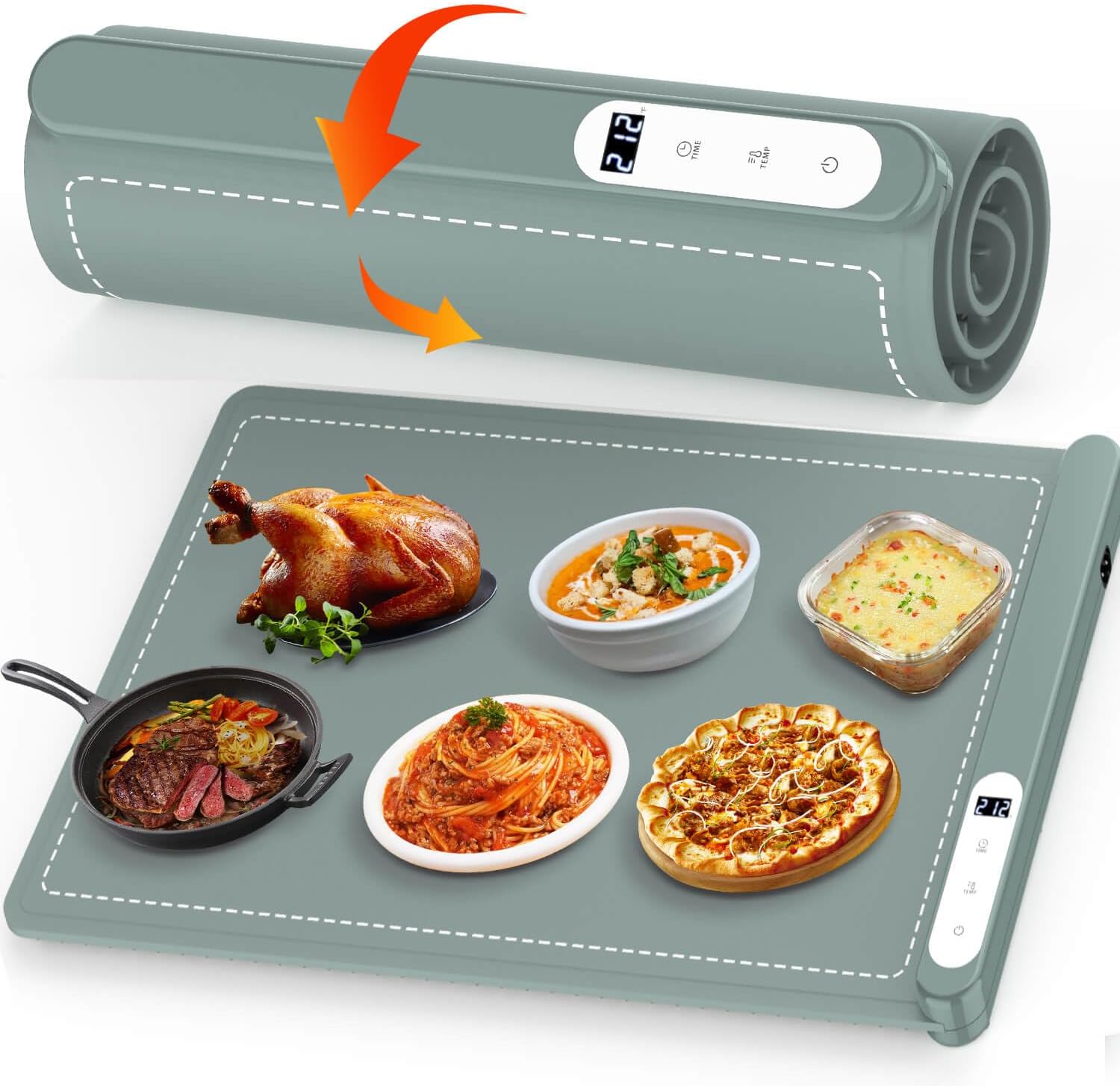 Electric Warming Tray, Food Warming Mat - Graphene Full Surface Heating, Roll Up Silicone Heating Mat with 6 Adjustable Temperature & Timer, Portable Food Warmer Pad for Buffets Party, Everyday Use
