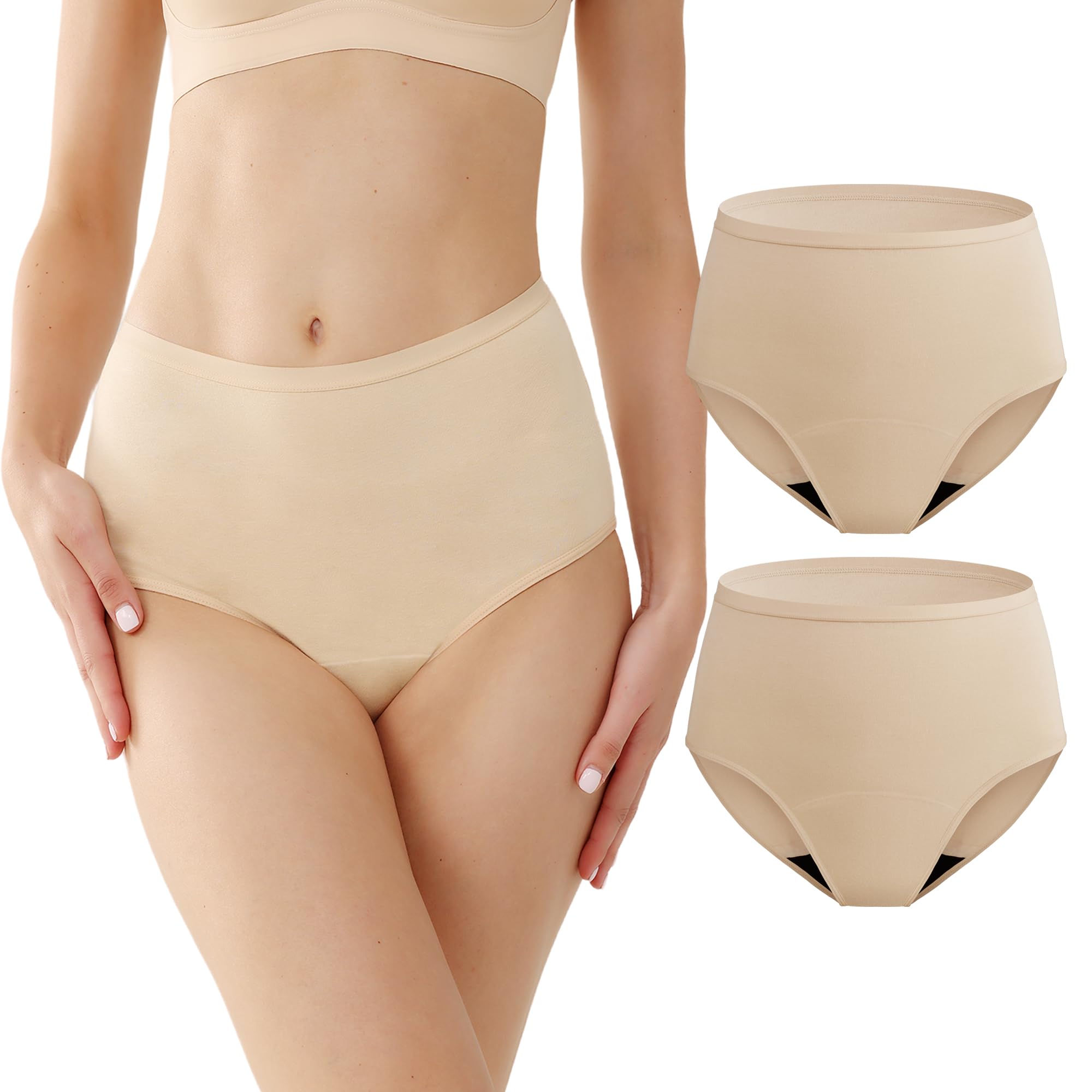Ropa interior lavable para incontinencia para mujer, a prueba de fugas, absorbentes, de cintura alta para fugas, paquete de 2 (beige, L)