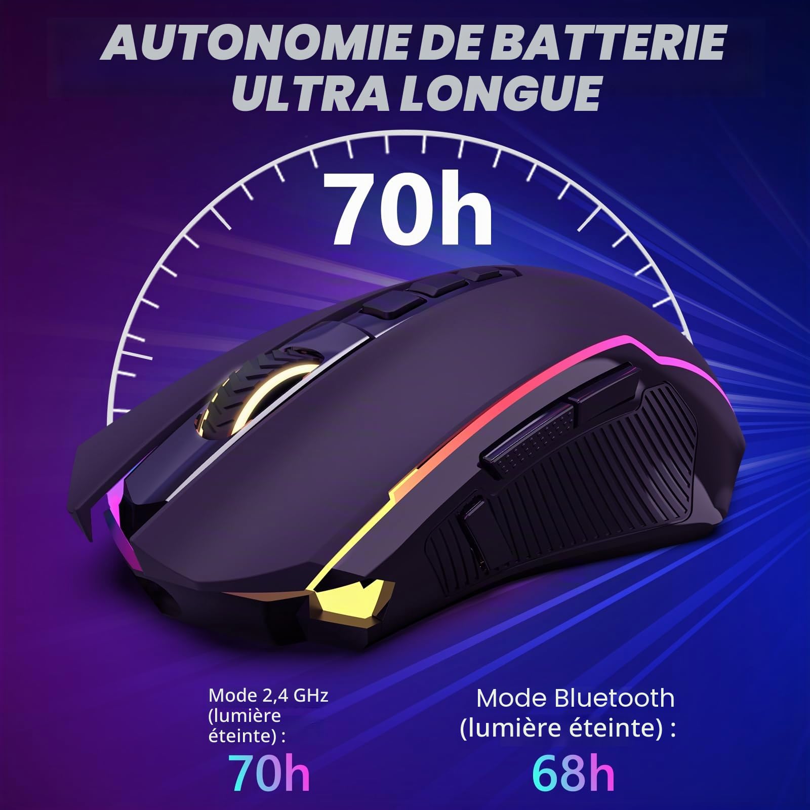 Redragon M914P Souris Gamer sans Fil,RVB Tri-Mode 2.4 G/USB-C/Bluetooth,12000 PPP,9 Boutons Programmable avec Bouton de Feu,70 Heures Rechargeable,Souris Gaming de Jeu pour PC/Mac - Noir