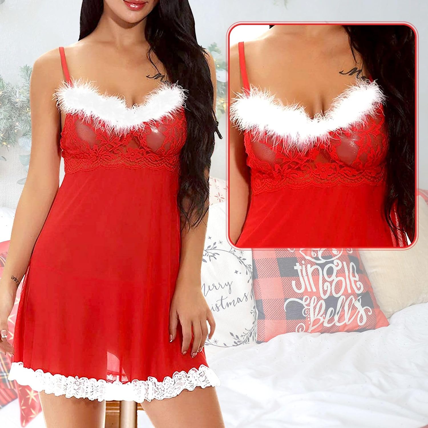 ROSVAJFY Women's Sexy Christmas Santa Lingerie Costume Outfits Red Babydoll Chemise Nightdress with Sheer Mesh Lace Dress