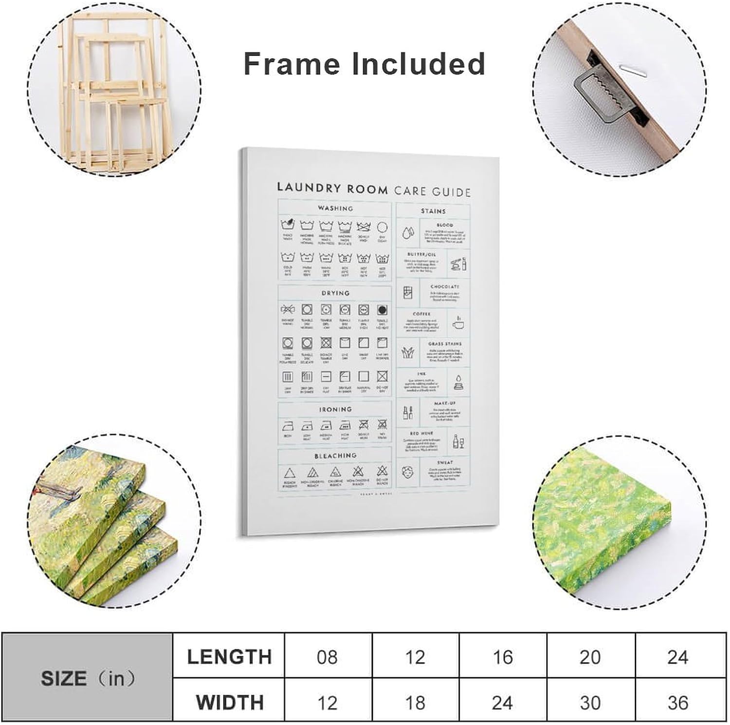 ExbeRt Laundry Room Care Guide Poster, Printable Laundry Symbols Art, Stain Treatment, Wall Art for Home Laundry Room, 12 x 18 inches