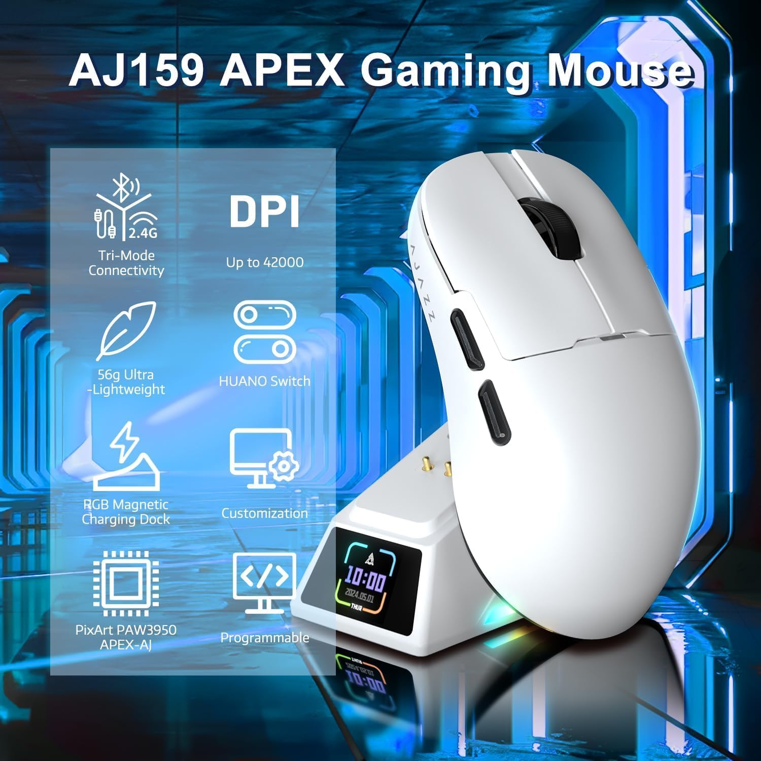 A.JAZZ AJ159APEX 8Khz Wireless Gaming Mouse Ultralight 56g with Magnetic Screen Charging Dock 42000DPI PAW3950 Sensor Tri Mode BT/2.4Ghz/Type-c Wired Programmable for Esport FPS PC Mac Gamer(White)