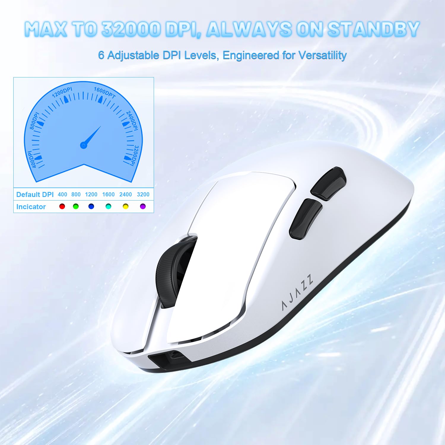 A.JAZZ AJ159 V2 Ratón Gaming Inalámbrico Ultraligero Con Batería Intercambiable En Caliente, Dos Baterías 300mAh Y Base De Carga, 54g, Sensor PAW3395, 32000 DPI Compatible PC Y Mac (Blanco)