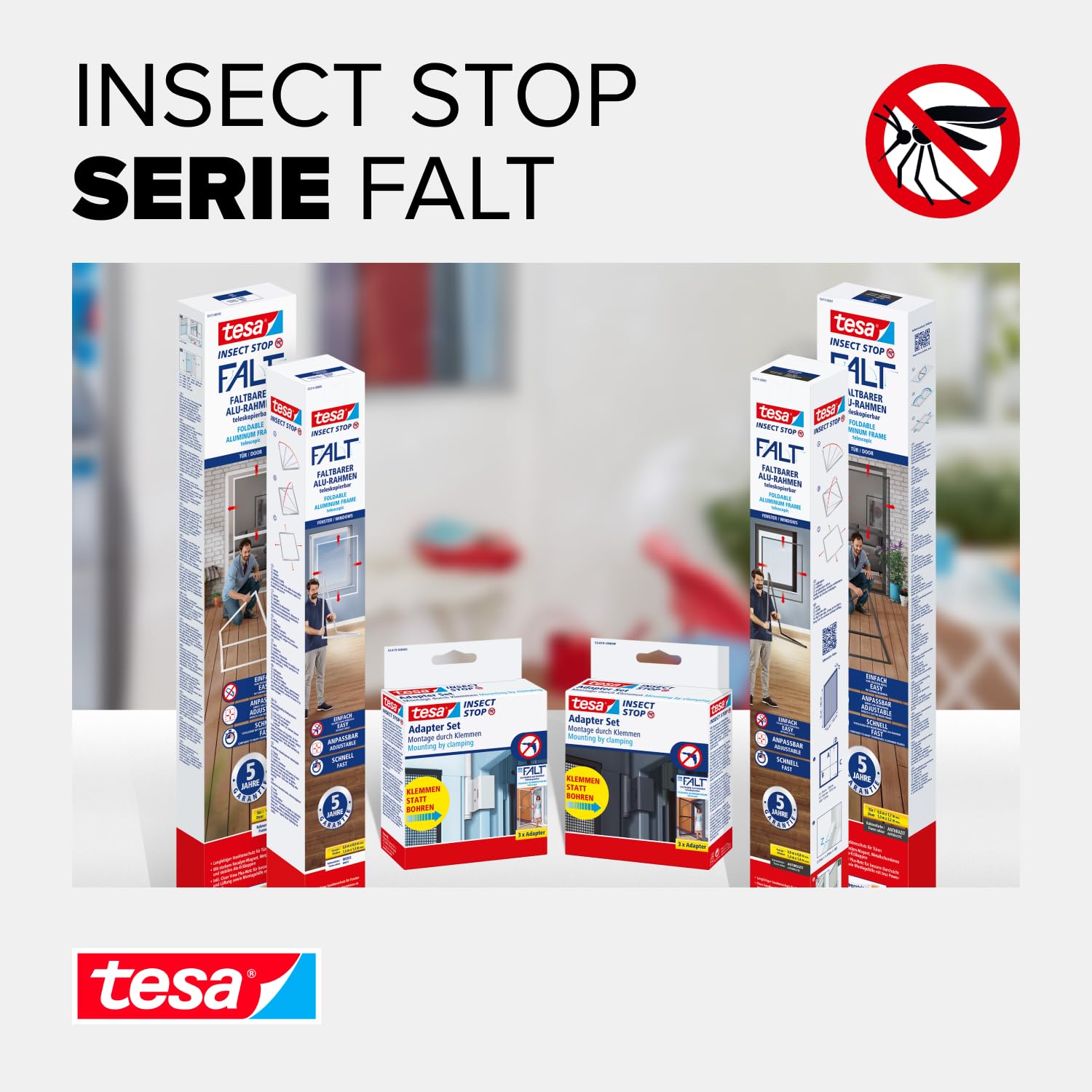 Tesa 55214 Insect Stop Ripiegabile, Zanzariera per Finestre Telescopica con Telaio in Alluminio, Bianca, 80 x 80cm Fino a 140 x 140cm