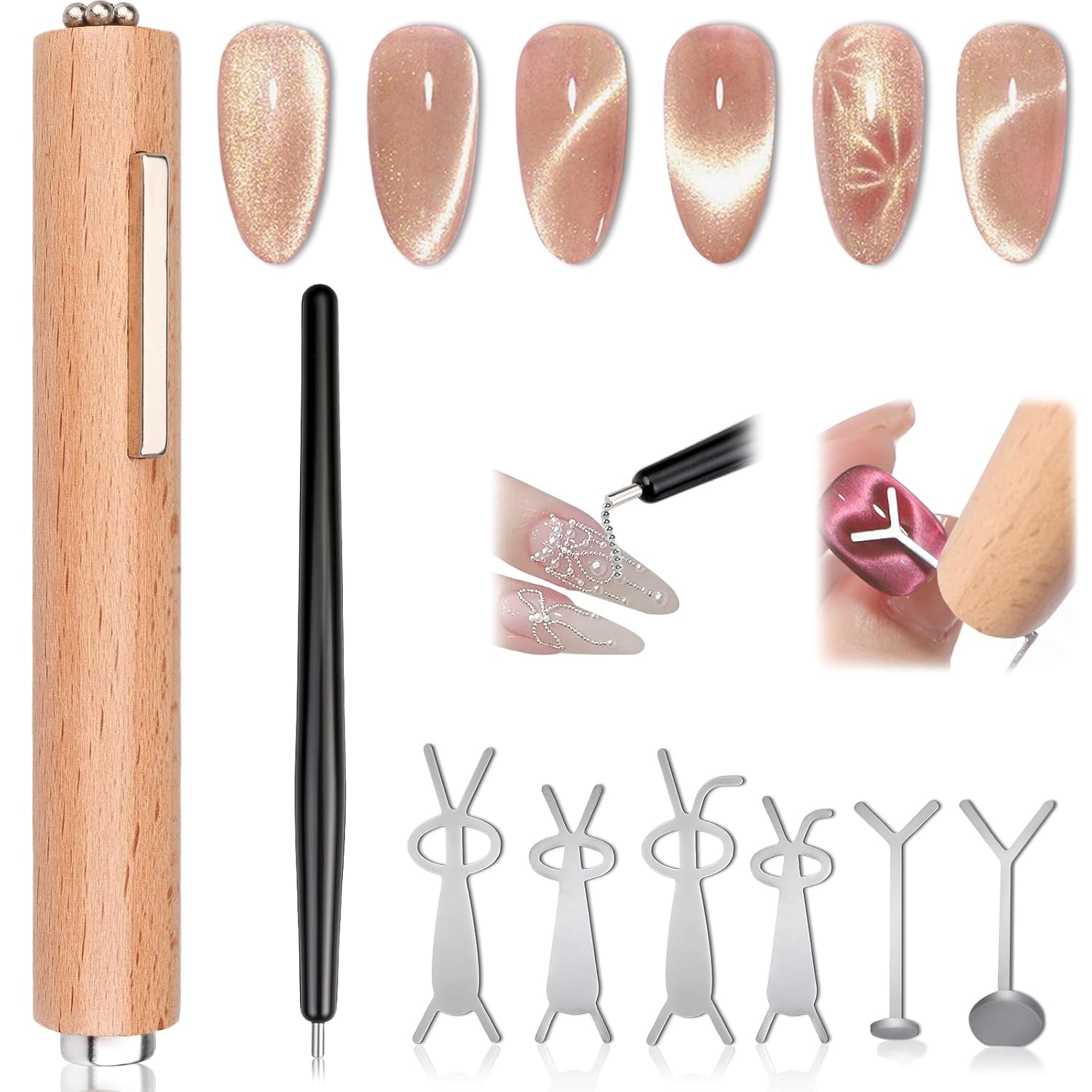 3 in 1 Cat Eye Nail Magnet Tool Set Wooden Handle Cat Eye Gel Nail Polish Magnet Pen