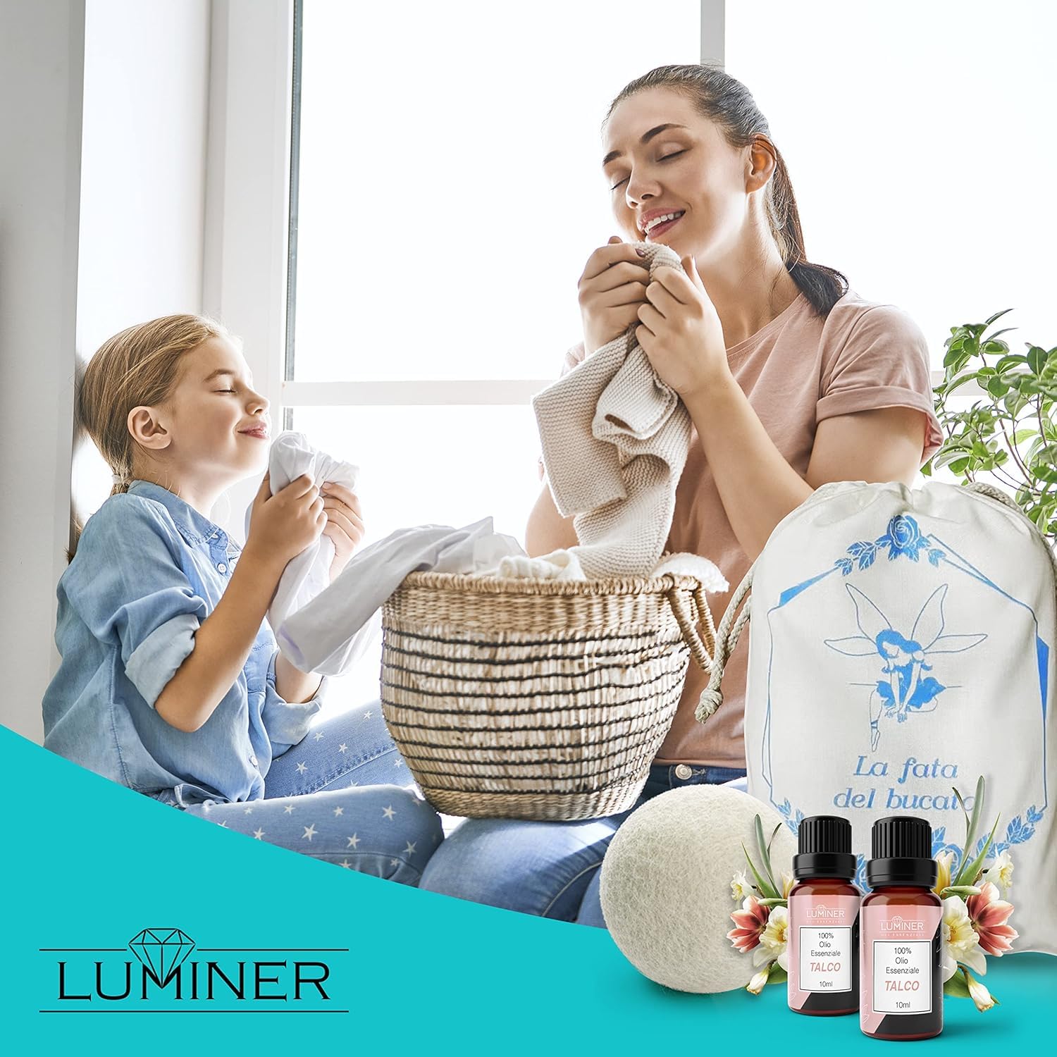 LUMINER Boules de Séchage en Laine x6 – Anti-Froissage, Anti-Statique, Attrape-Cheveux, 2 Huile Essentielle de Talc, Réutilisables pour Sèche-Linge