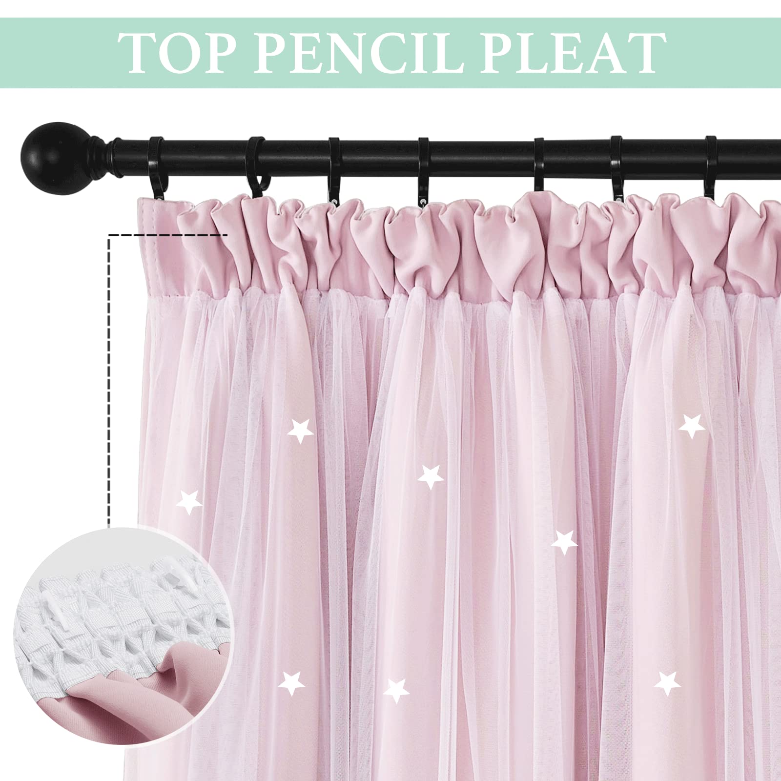 NICETOWN Cortinas Infantiles Cortinas Dobles con Estrellas Huecas Malla para Habitacion Cortinas Opacas Dormitorio Juvenil con Fruncidas, 2 Piezas, 132x240 cm, Rosa Claro