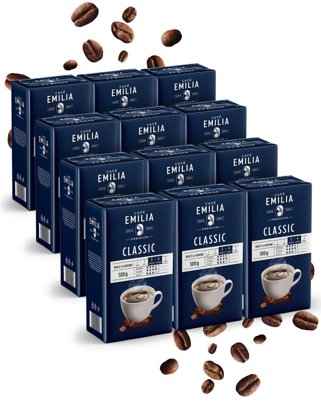 EMILIA Classic Kaffee gemahlen 12x500g – Premium Filterkaffee – Mitteldunkle Röstung (Stärke 3,5/5) – Mild & Komplex – Ideal für Filterkaffeemaschine, Handfilter, Aeropress & Cold Brew
