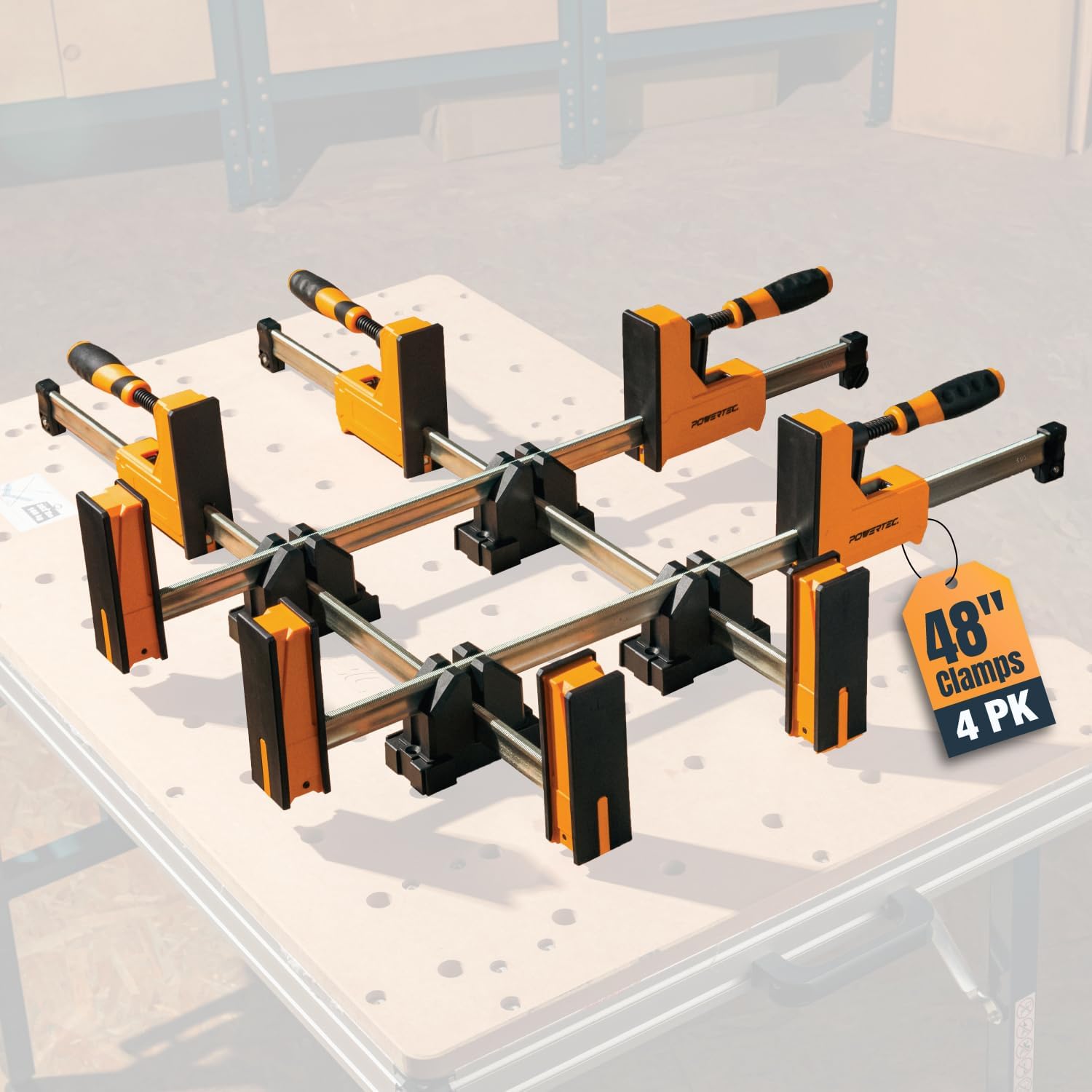 POWERTEC 72448 48" Woodworking Parallel Clamps Jaw Bar Clamp Spreader Tool 4PK, with 4PK Parallel Clamp Blocks - for Cabinet Door & Frame Gluing