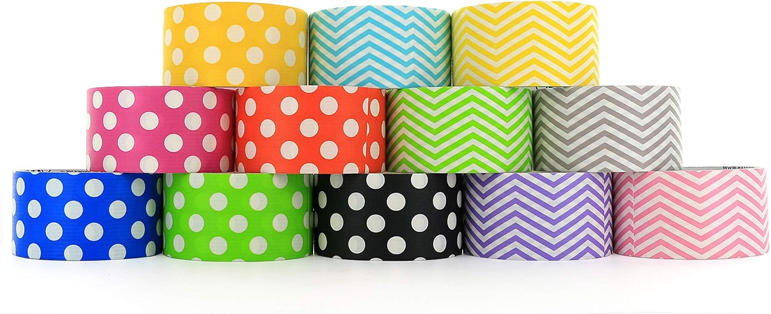 RamPro Chevron & Polka Dot Styles Heavy-Duty Duct Tape | Assorted Colors Pack of 12 Rolls, 1.88-inch x 5 Yard.