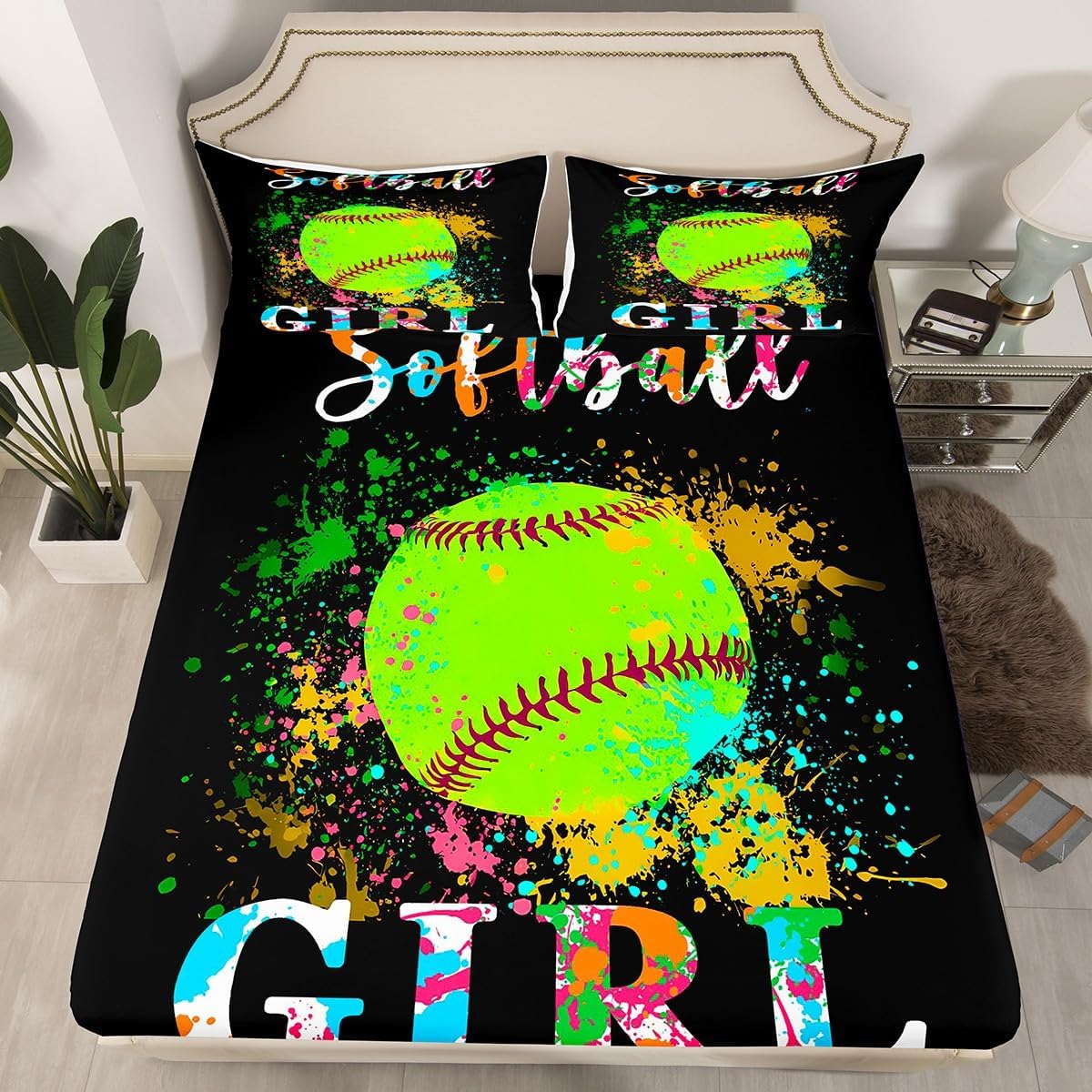 Kids Softball Fitted Sheet Full Size Sports Theme Bed Sheet Set for Boys Girls Teens Bedroom Decor Colorful Tie Dye Bedding Set Women Men Ball Game Bed Cover Deep Pocket Full Size with 2 Pillow Case