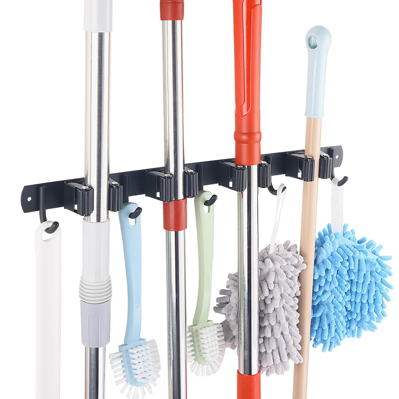 Atvobiy Broom Holder Wall Mount Self Adhesive Mop Holder Wall Mount Heavy Duty Garage Organization Mop Hanger for Home Goods Garden Tool (4 Racks and 5 Hooks Matte Black)