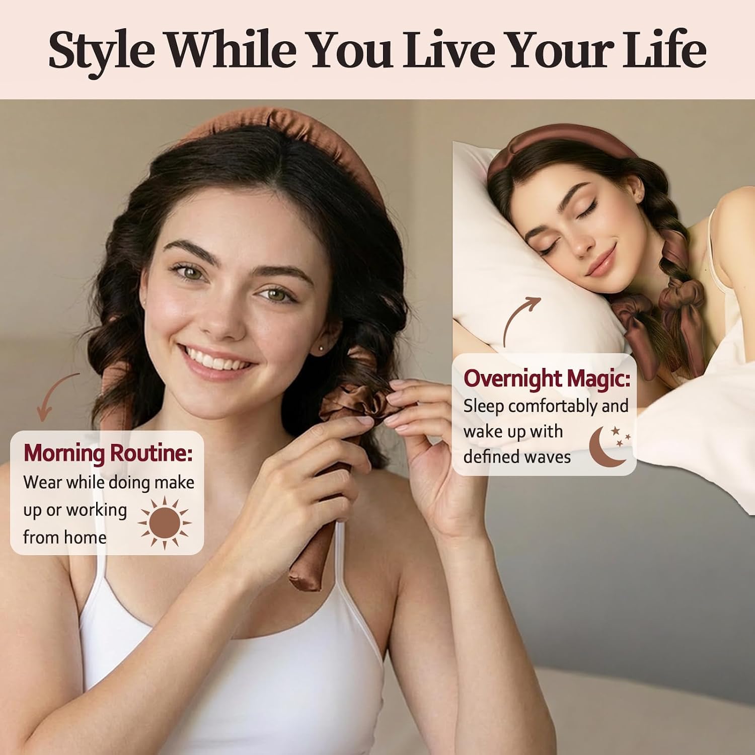 Heatless Curlers Set - Heatless Curler Long Short Hair, No Heat Satin Heatless Curls, Rollers for Heatless Curls, Heatless Blowout Rods for Overnight Curls, DIY Hairstyle Hair Curler Browm - 6