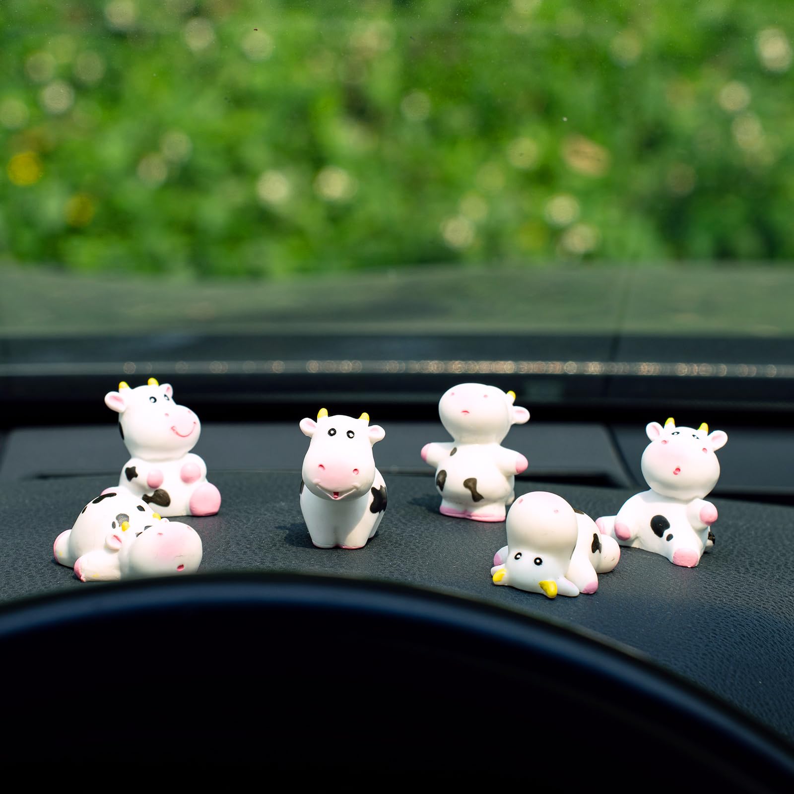 Rislobx Cute Cow Car Dashboard Decor, 6PCS Fun Cow Rear View Mirror Ornament Car Interior Accessories Decor for Women Men (Pink Cow)