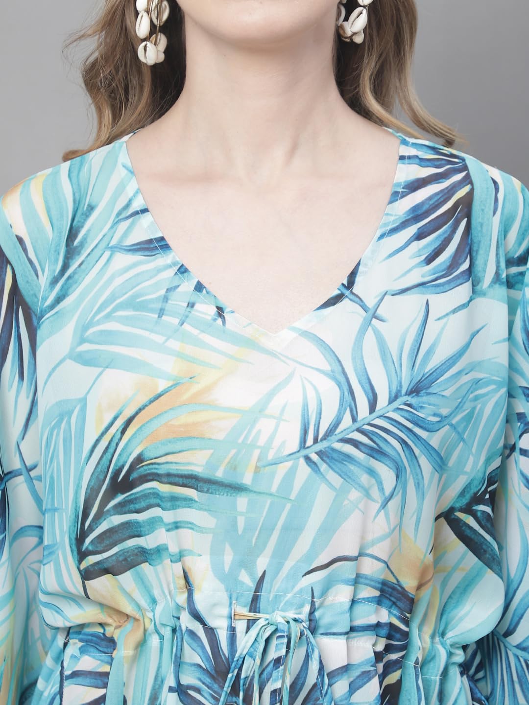 Claura Turquoise Blue & Yellow Tropical Printed V Neck Swimwear Cover Up kaftan Dress. (Blue) 2
