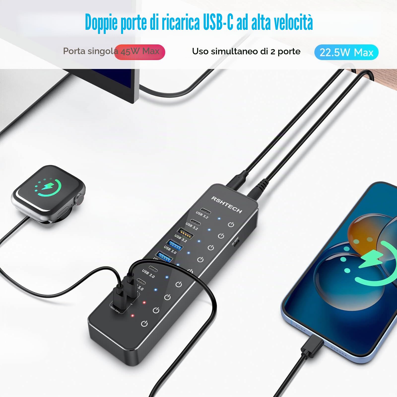 RSHTECH Hub USB C Alimentato 10 Porte 66W con 3 Porte USB-3.2 da 10Gbps (2C+1A), 4 Porte USB 3.0 (2C+2A), 2 Porte USB-C Ricarica Rapida PD 45W e PD 100W, USB Hub per Laptop, RSH-ST10P