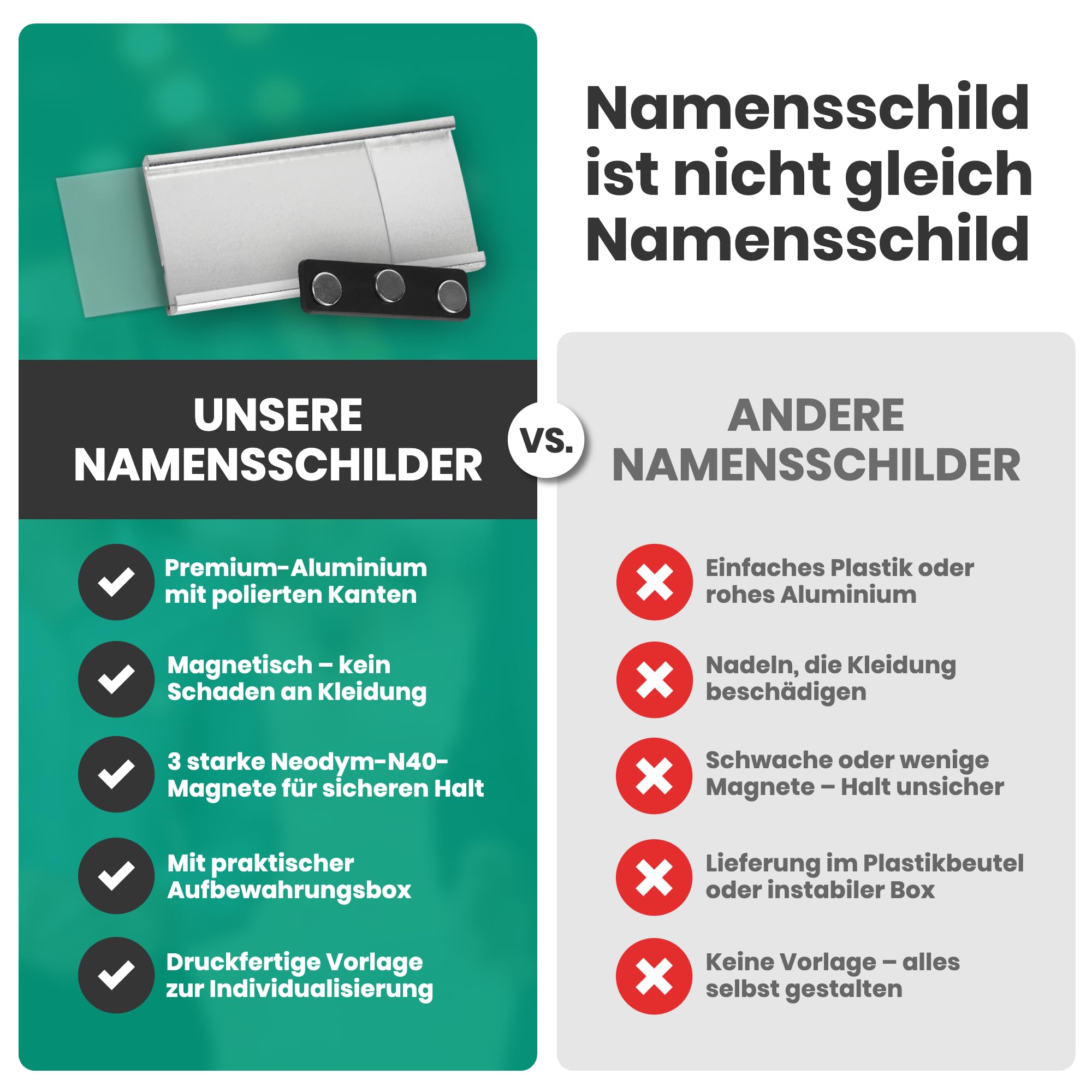 Namensschild Magnetisch - 20 Stück - 3 Starke N40 Neodym-Magnete - Perfekt für Messen & Konferenzen - Hochwertig Aluminium Namensschilder für Kleidung - Inkl. Handlicher Druckvorlage - 72x31mm