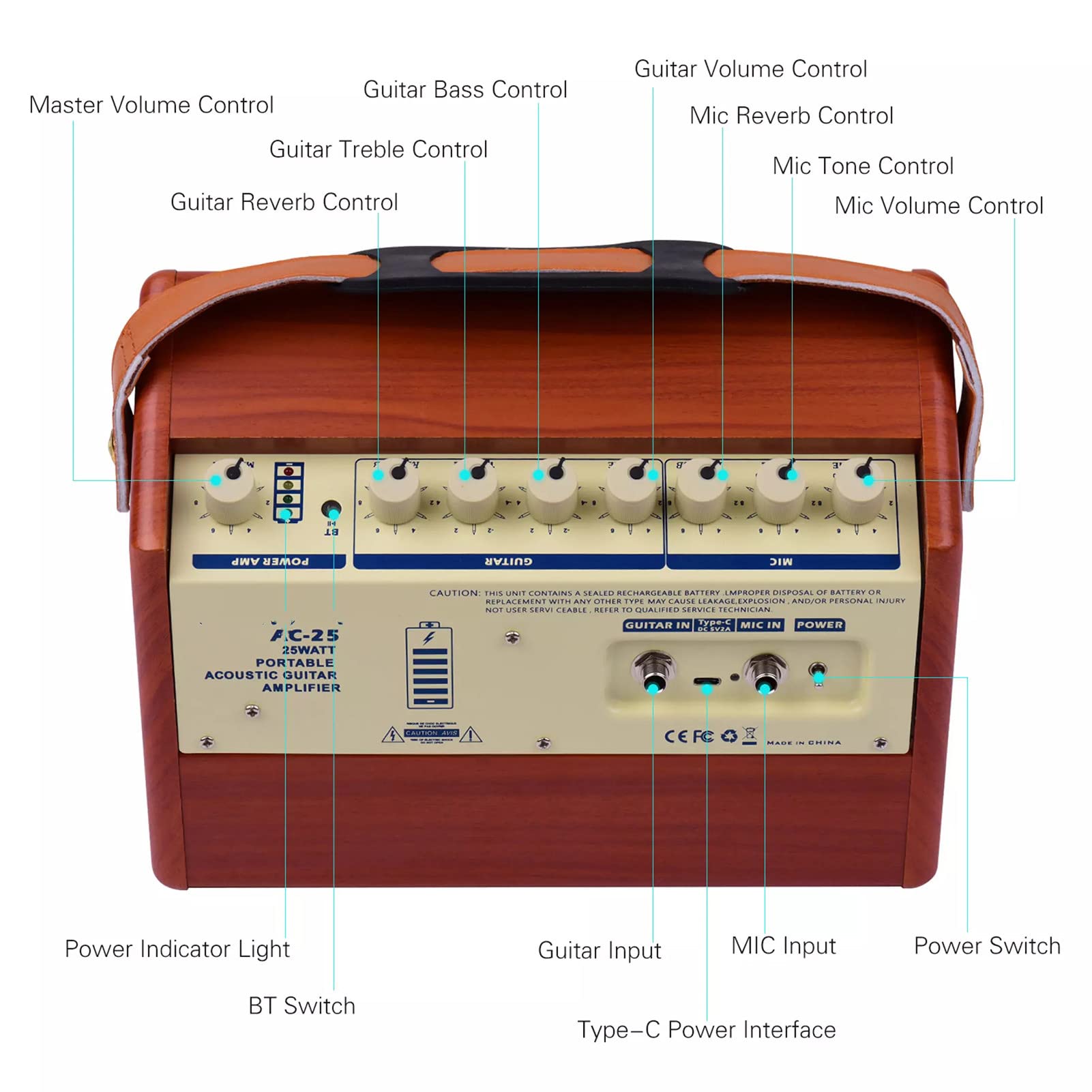 Btuty - Amplificatore per Chitarra Acustica da 25 W Ricaricabile Altoparlante Wireless BT, Controllo Indipendente del Riverbero, del Volume del tono dei Bassi e degli acuti con Ingresso