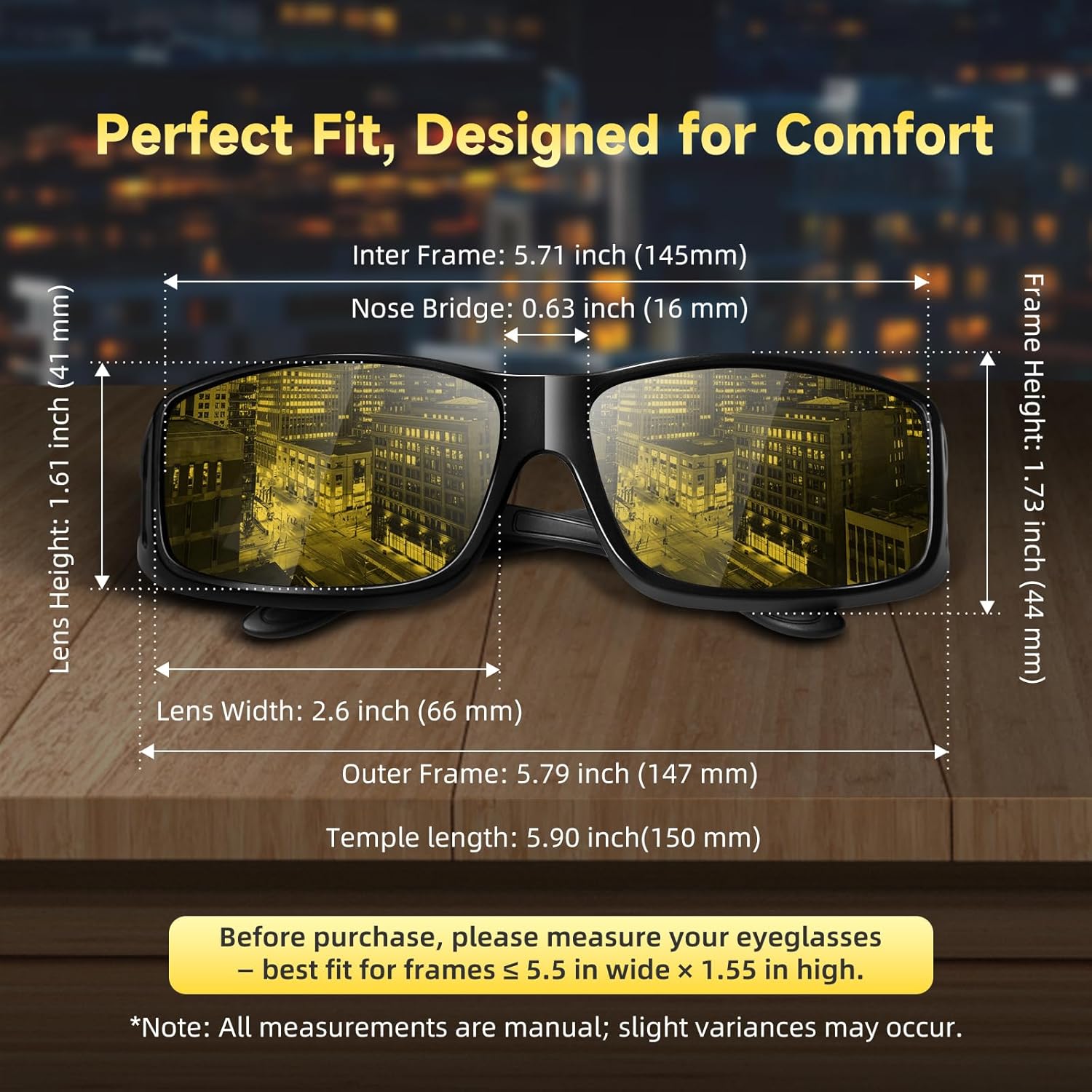 Night Vision Driving Glasses Fit Over Eyeglasses for Men Women, Anti-Glare Polarized Nighttime Glasses Yellow Lens - Image 3