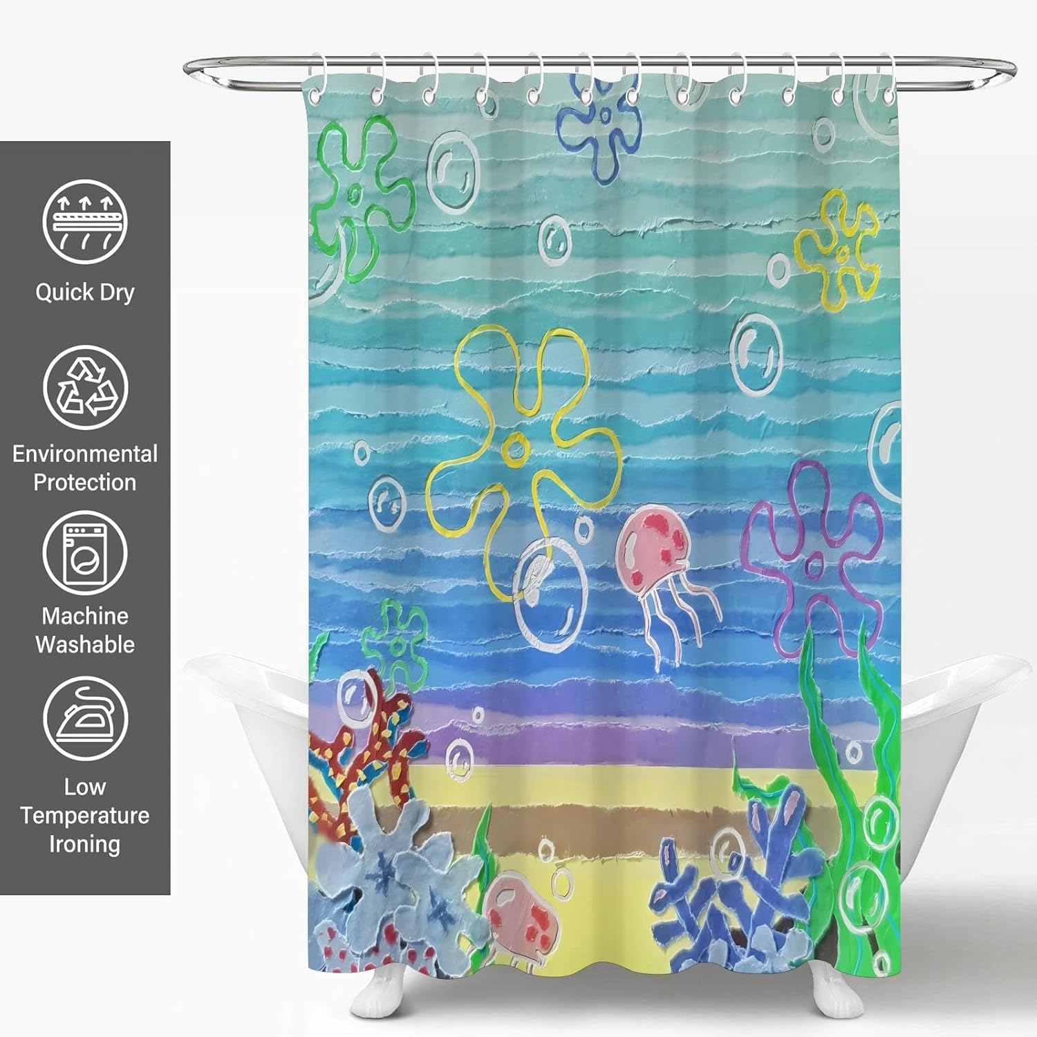 Cute Ocean Shower Curtain – 72x84 Extra Long Beach Sea Anime Bathroom Curtain, Funny Waterproof Fabric Shower Curtains for Kids & Adults, Coastal Marine Bath Decor