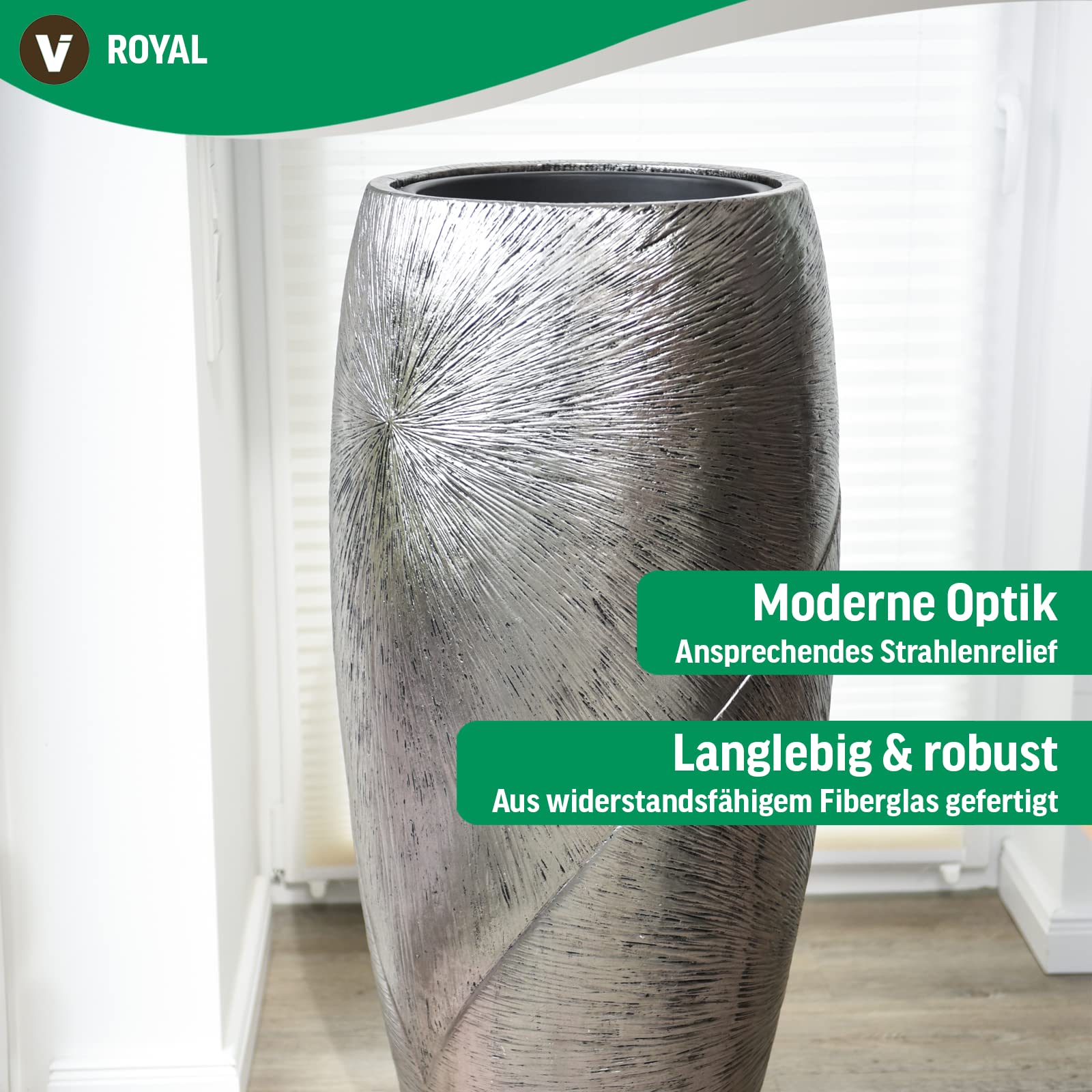 VIVANNO Pflanzkübel Pflanzgefäß exklusiv Fiberglas Royal, Silber Schwarz 73 x 33 cm
