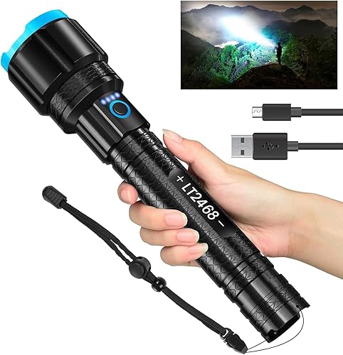 Linterna LED recargable de alto lúmenes, potentes 900000 lúmenes, linternas súper brillantes, luz táctica de mano larga con zoom para camping,