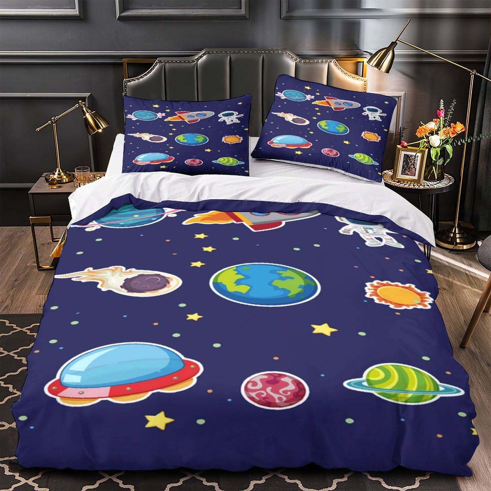 Housse de Couette Espace sans repassage en microfibre résistante 135x200cm pour lit fille