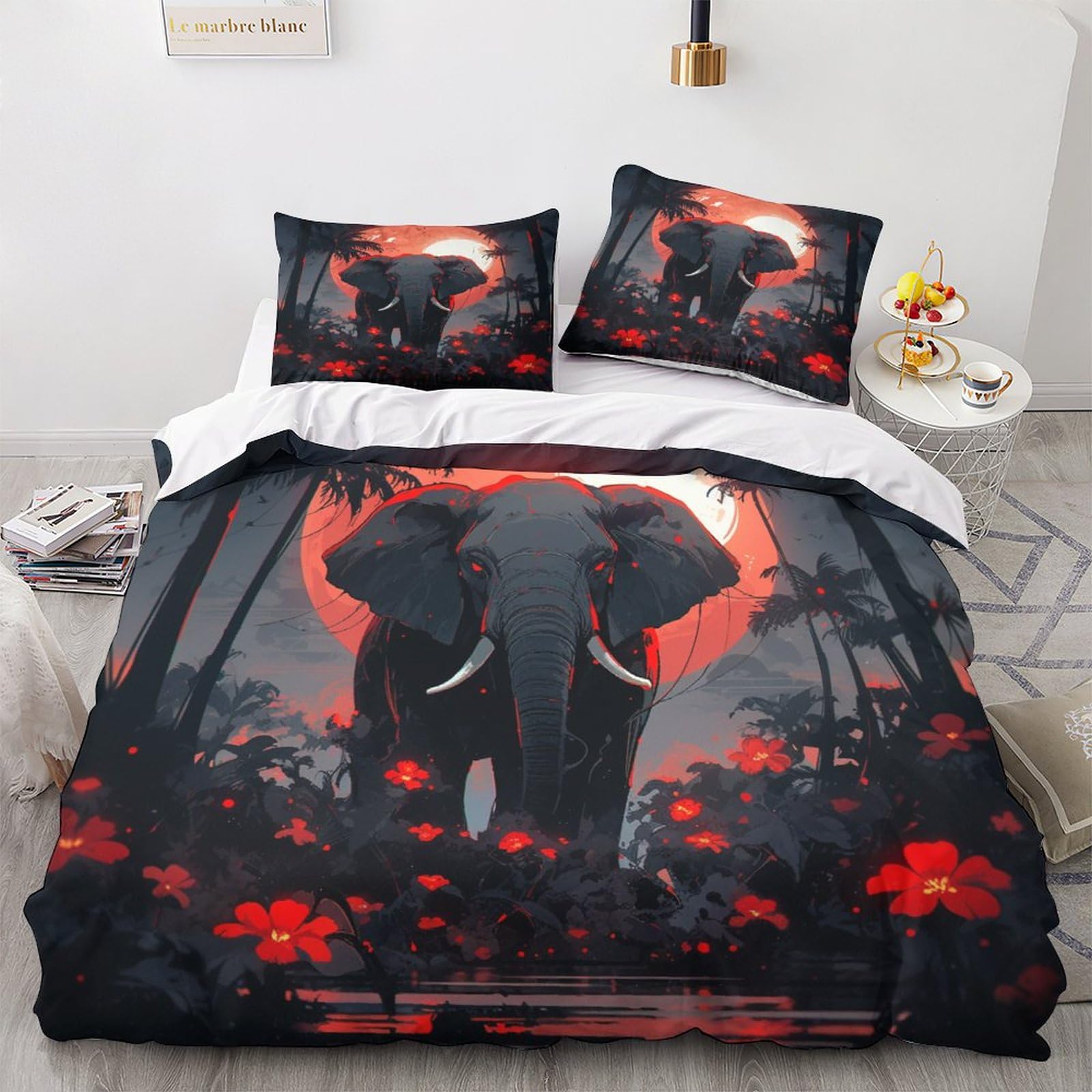 Ensemble de literie éléphant 3D drap de lit King 220x240cm et taie d'oreiller animaux